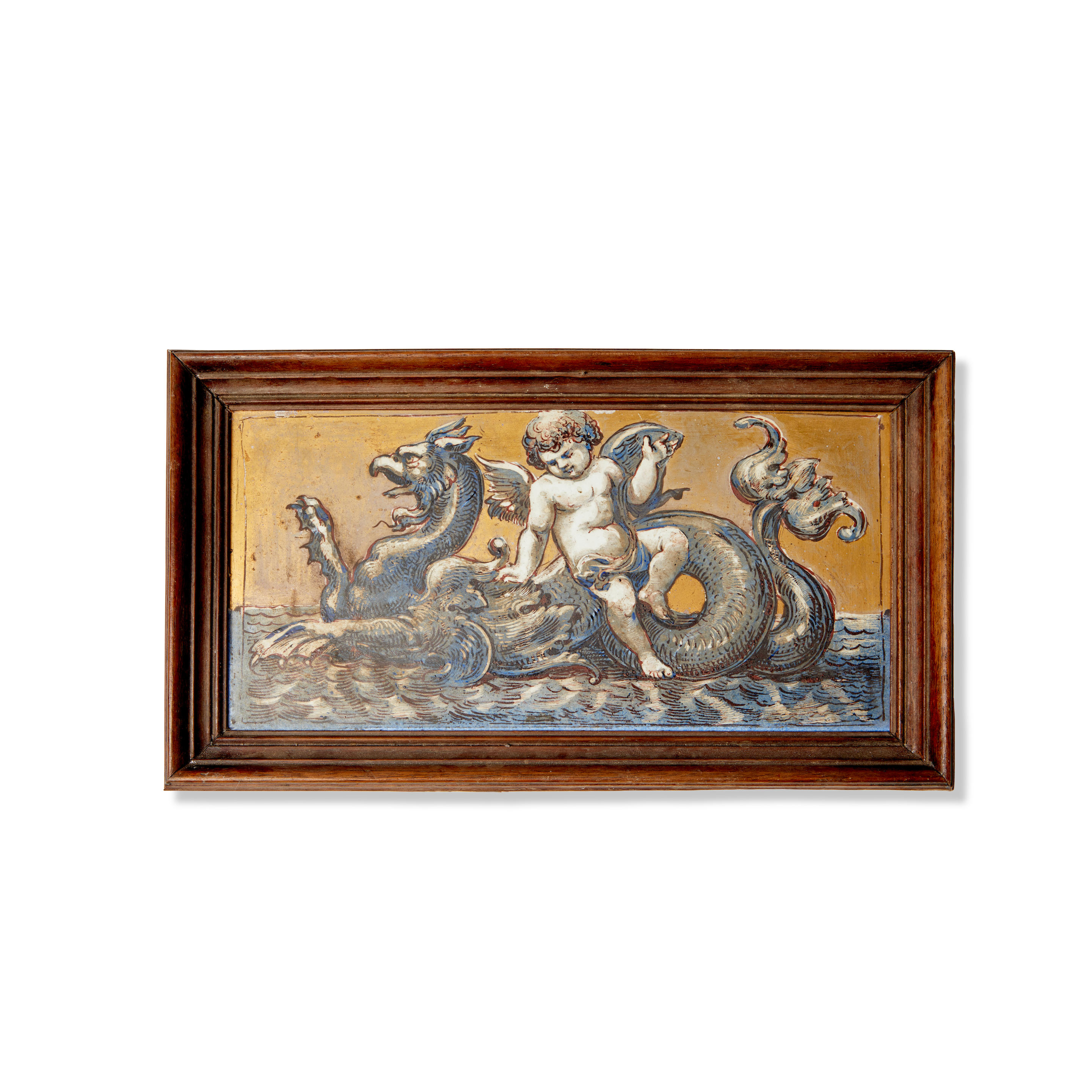 Appraisal: FRAMED ENAMELED PORCELAIN PLAQUE depicting a putto riding a sea