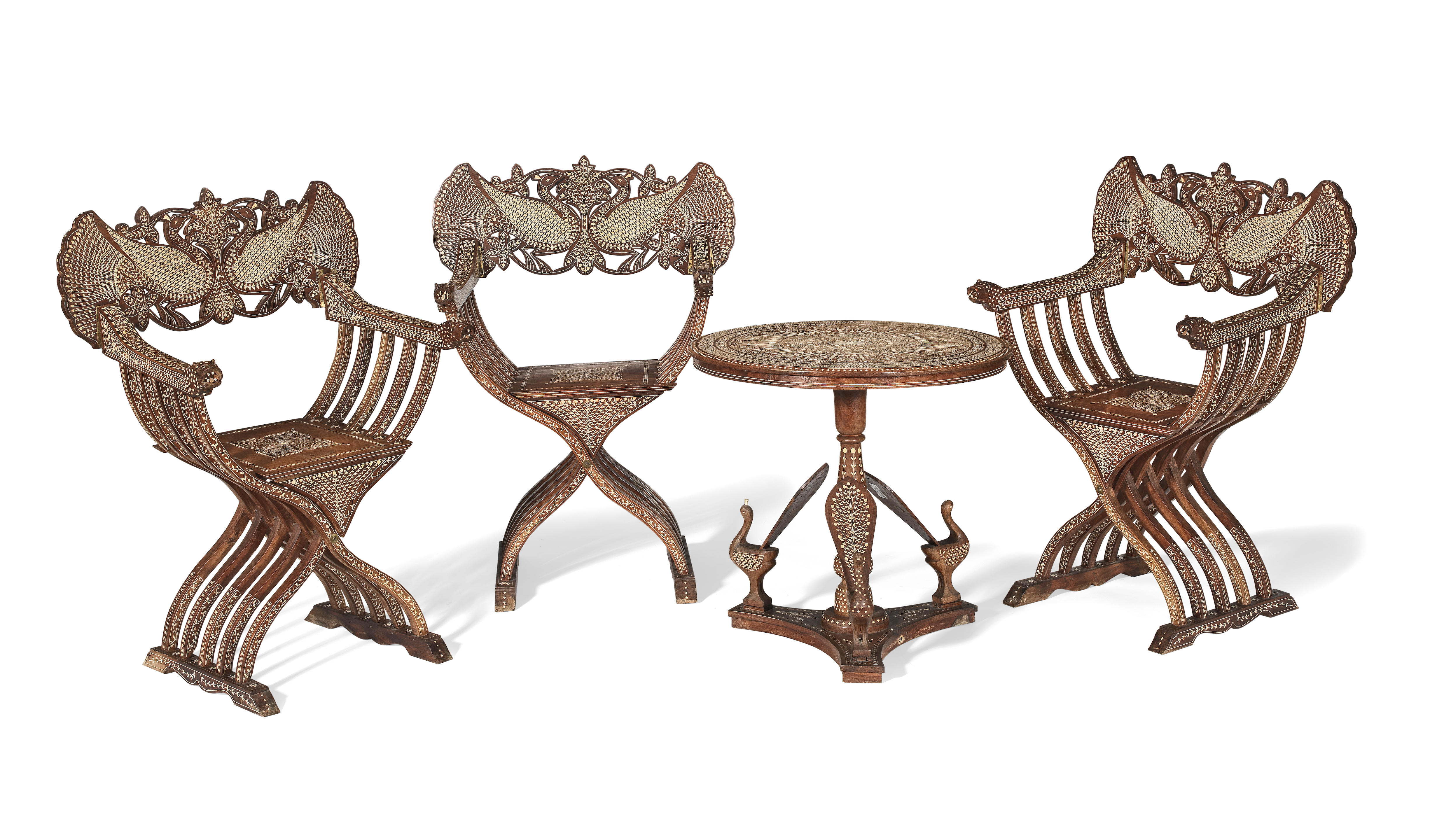 Appraisal: A HOSHIARPUR IVORY-INLAID WOOD TABLE AND THREE CHAIRS NORTHERN INDIA