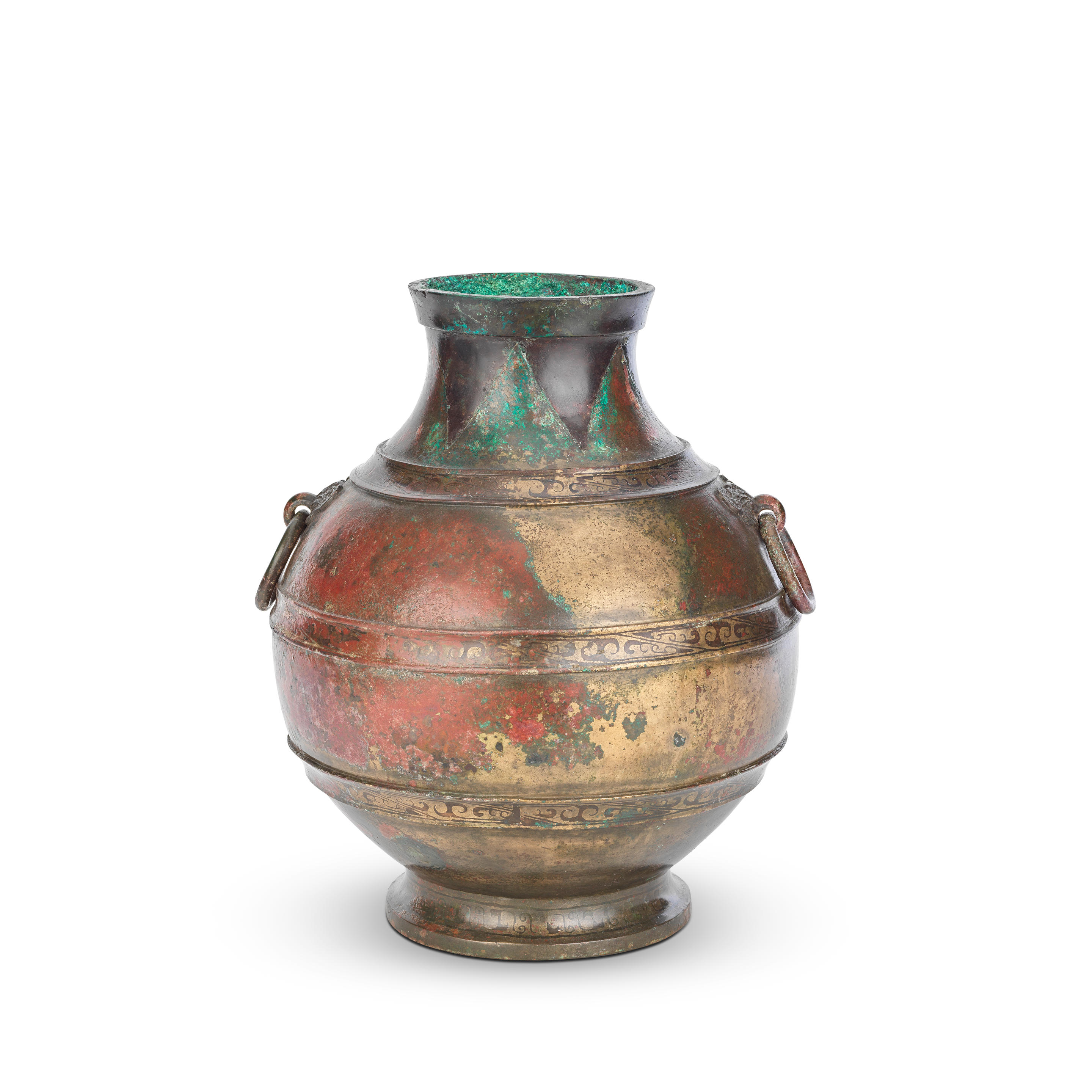 Appraisal: A COPPER-INLAID GILT BRONZE WINE VESSEL HU Han Dynasty The