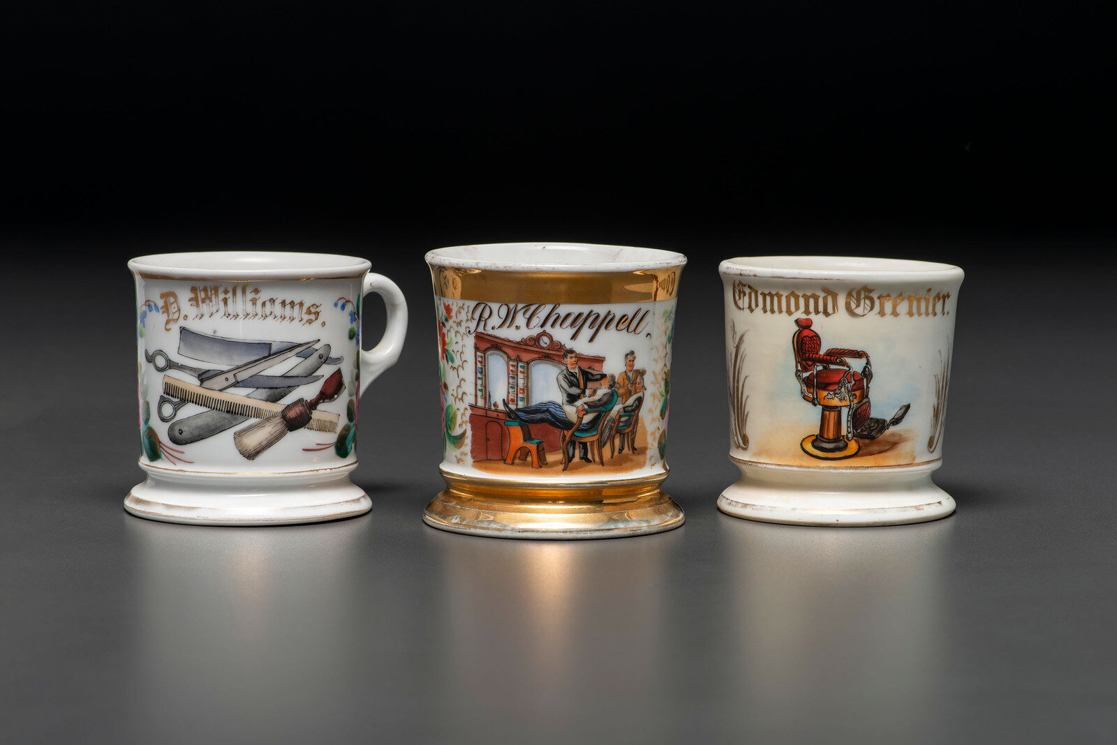 Appraisal: Three Barber's Porcelain Occupational Shaving Mugs Early th Century comprising