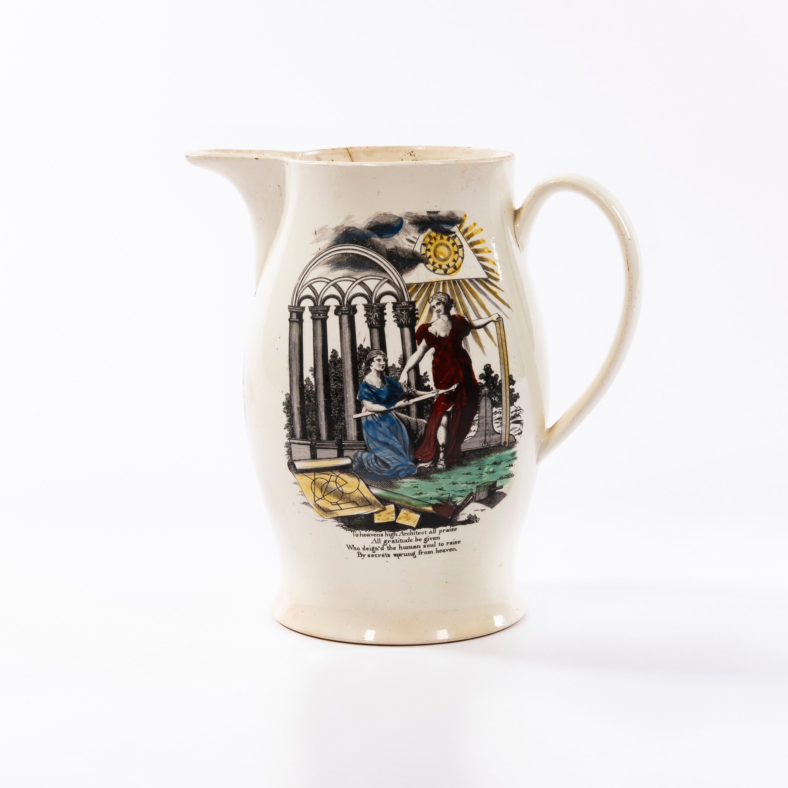 Appraisal: TRANSFER-PRINTED AND PAINTED CREAMWARE JUG Liverpool or Staffordshire England early