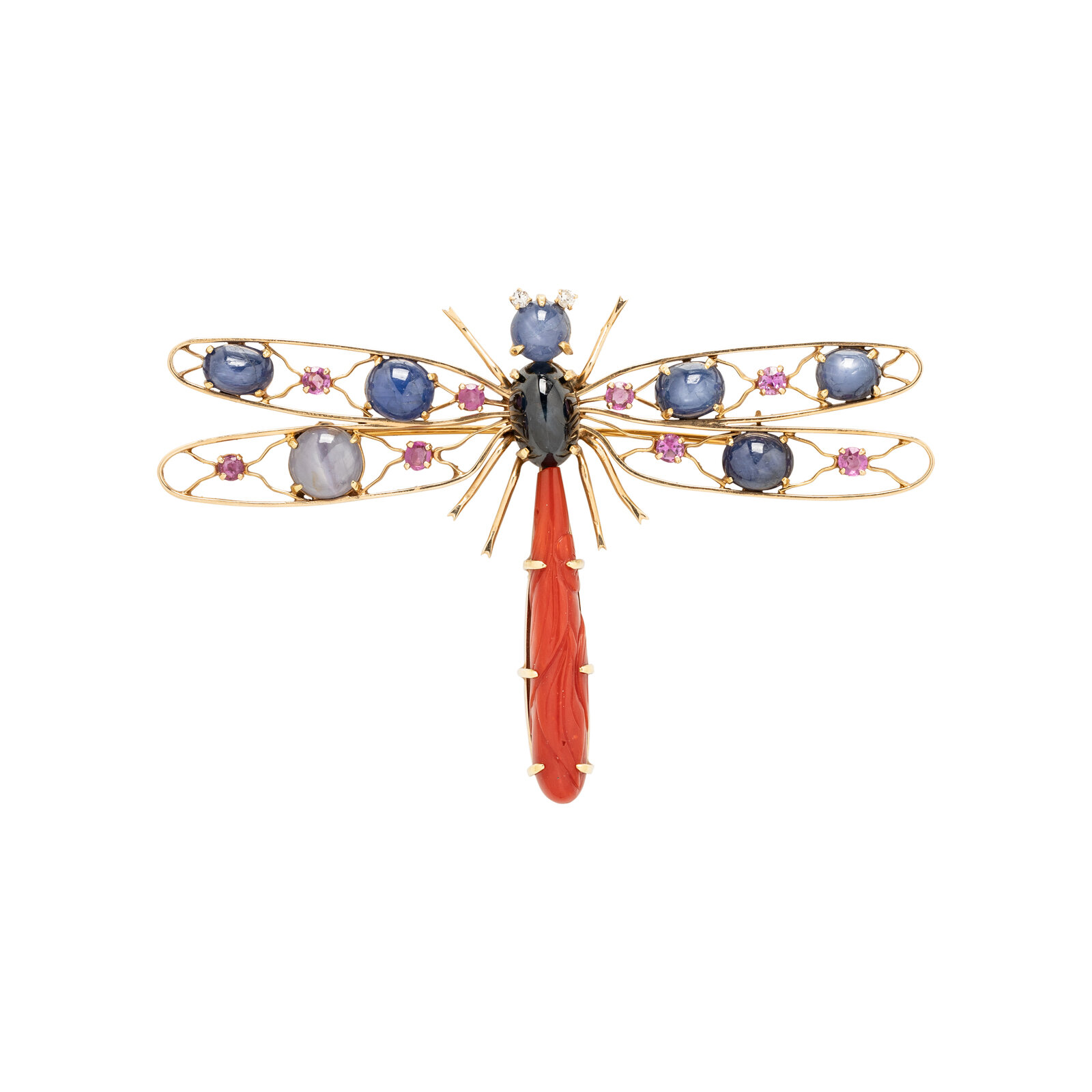 Appraisal: YELLOW GOLD AND MULTIGEM DRAGONFLY BROOCH Oval and round cabochon