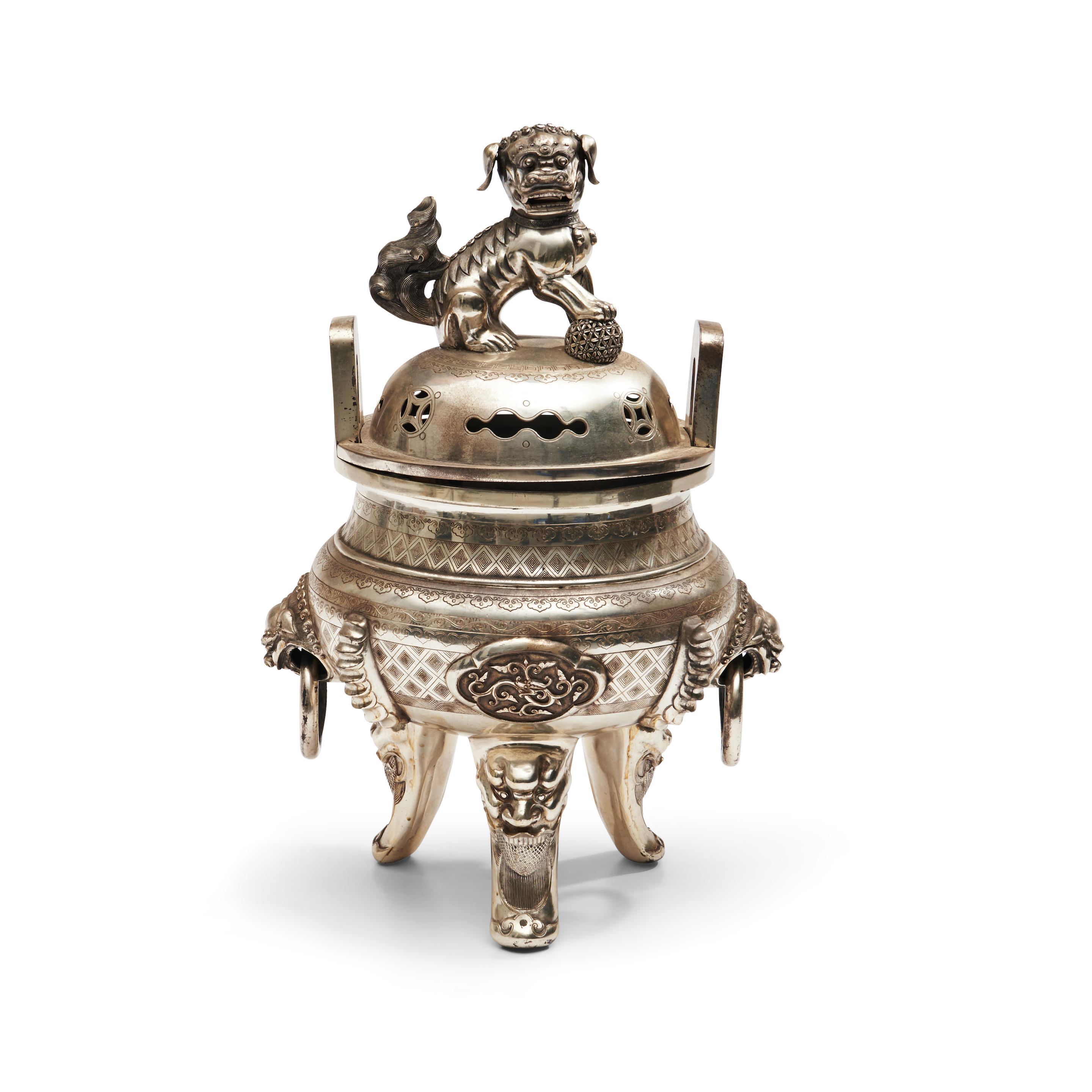 Appraisal: SILVER TRIPOD CENSER AND COVER China Republic period compressed globular