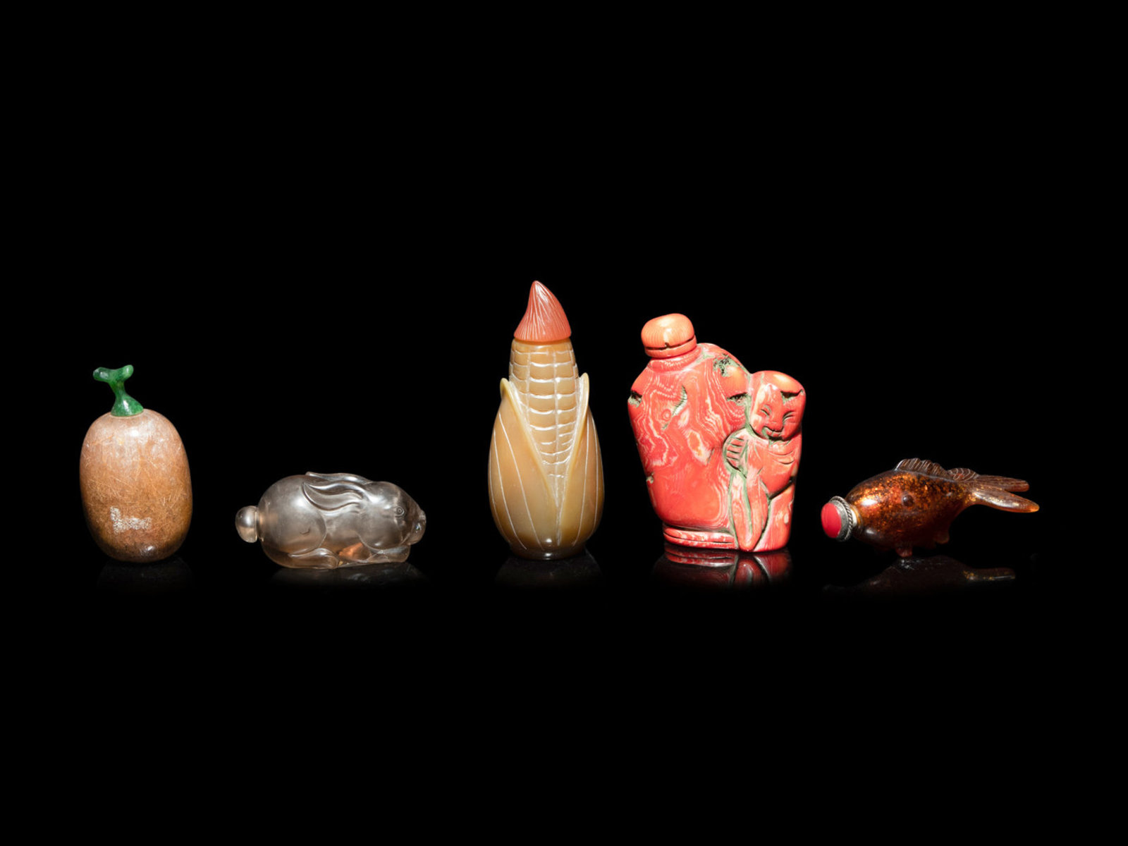 Appraisal: Five Chinese Snuff Bottles the first a yellow agate carved