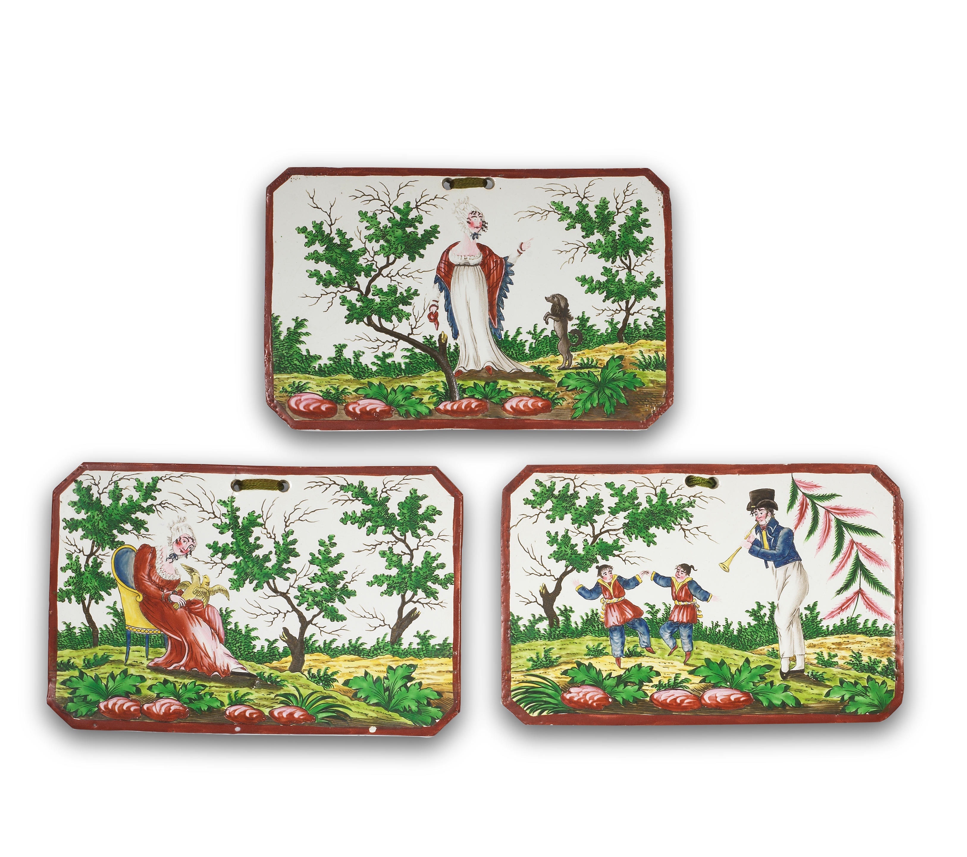 Appraisal: THREE LES ISLETTES FAIENCE PLAQUES EARLY TH CENTURY Of rectangular