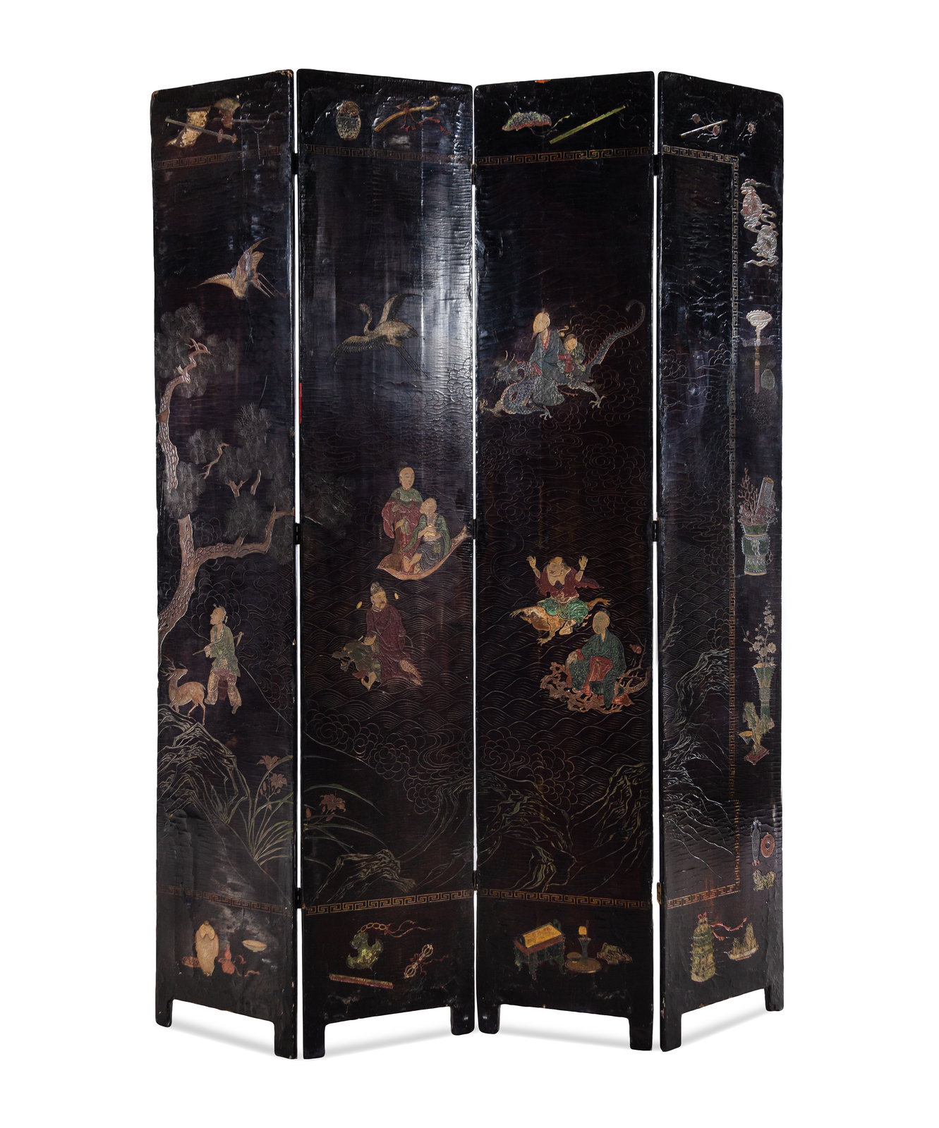 Appraisal: A Chinese Export Black Lacquered Four-Panel Floor Screen Late th