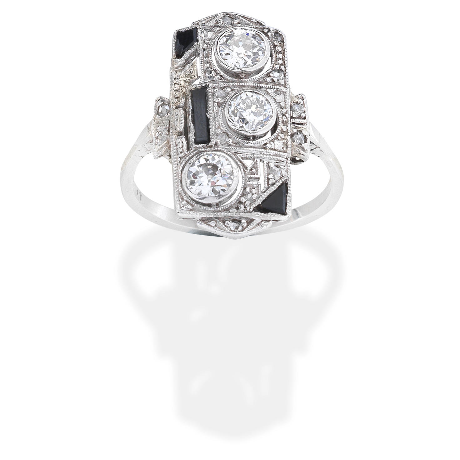 Appraisal: DIAMOND AND ONYX PLAQUE RING Set with onyx and cushion-shaped