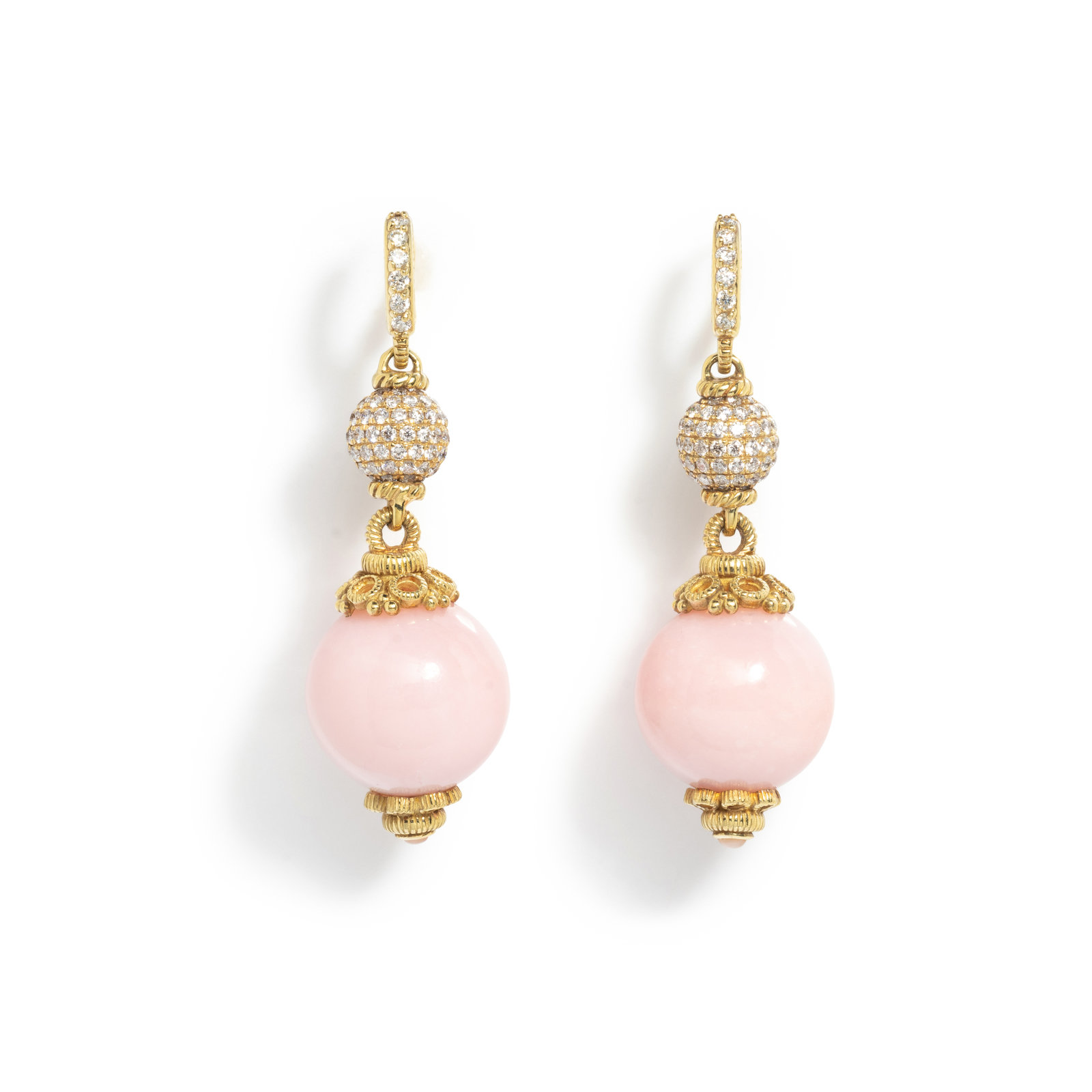 Appraisal: YELLOW GOLD DIAMOND AND PINK OPAL EARRINGS Containing numerous round