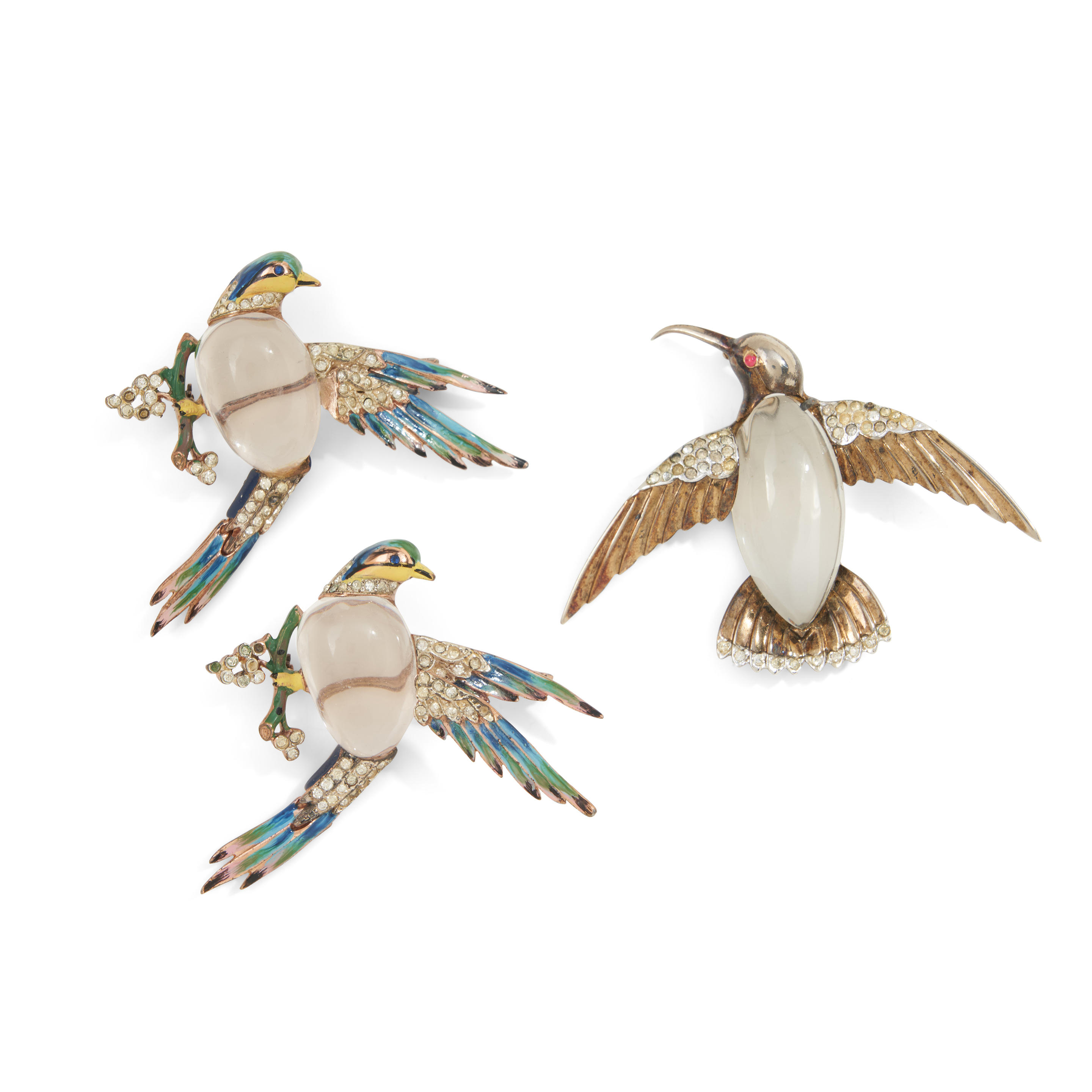 Appraisal: CORO CRAFT TWO COSTUME JELLY BELLY BROOCHES Designed as birds