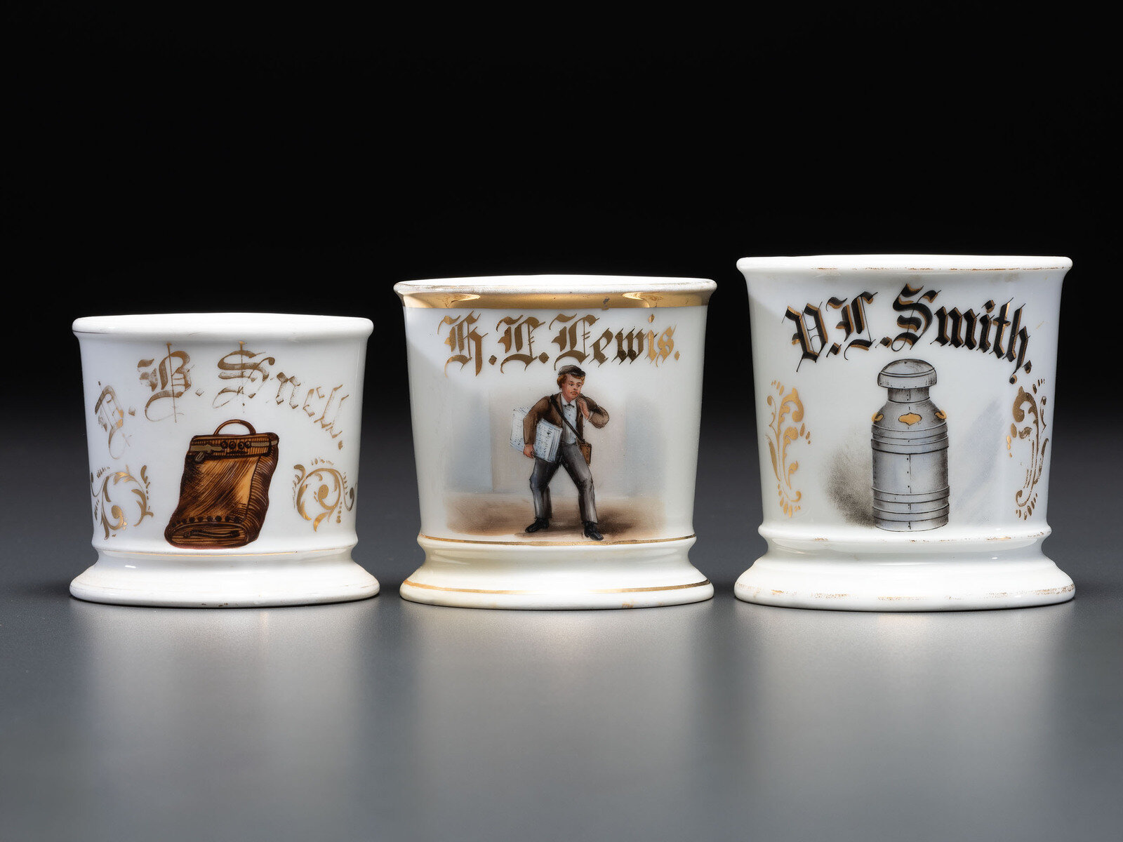 Appraisal: Three Delivery Porcelain Occupational Shaving Mugs Late th Early th