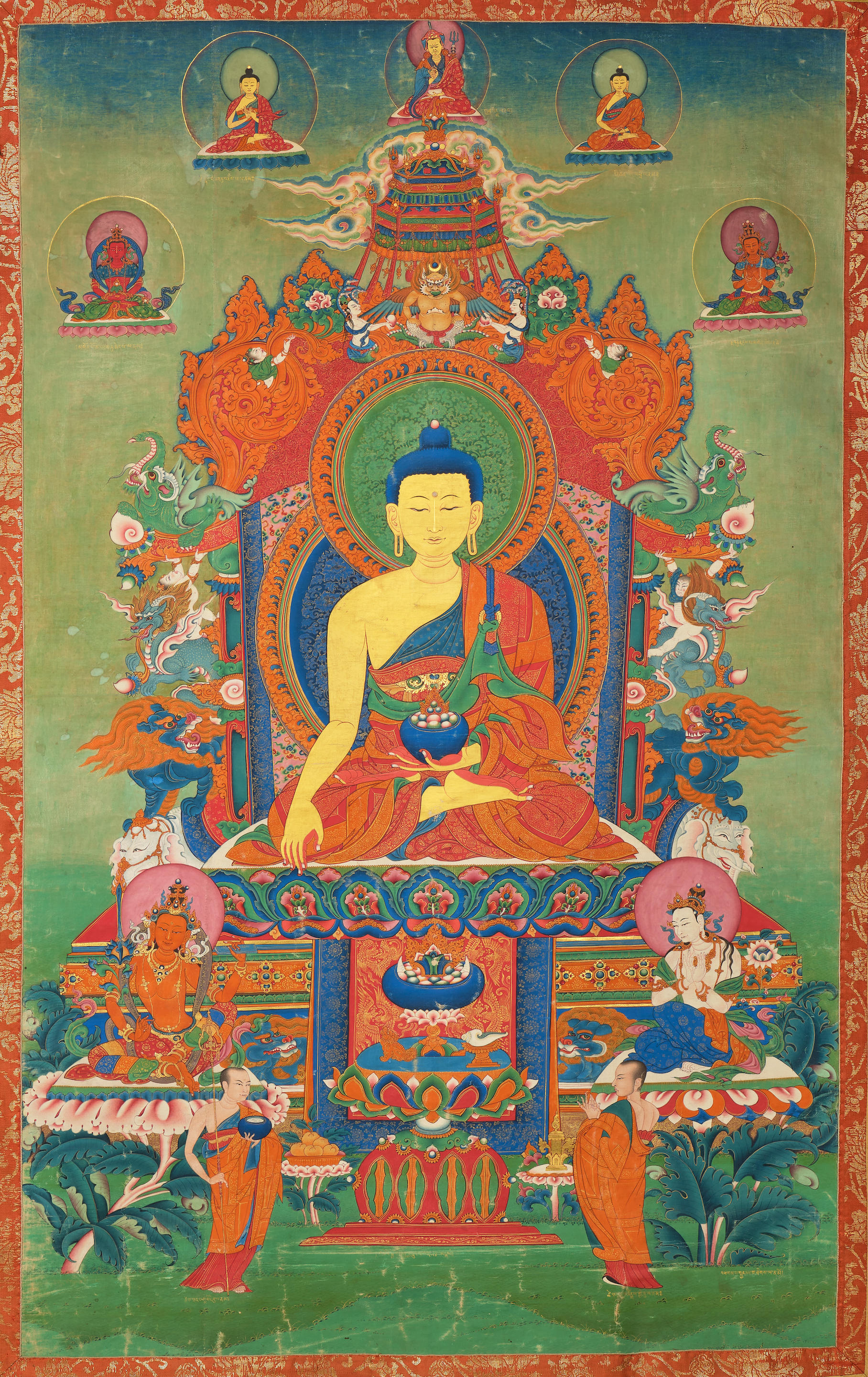 Appraisal: A LARGE THANGKA OF SHAKYAMUNI BUDDHA TIBET TH CENTURY Distemper