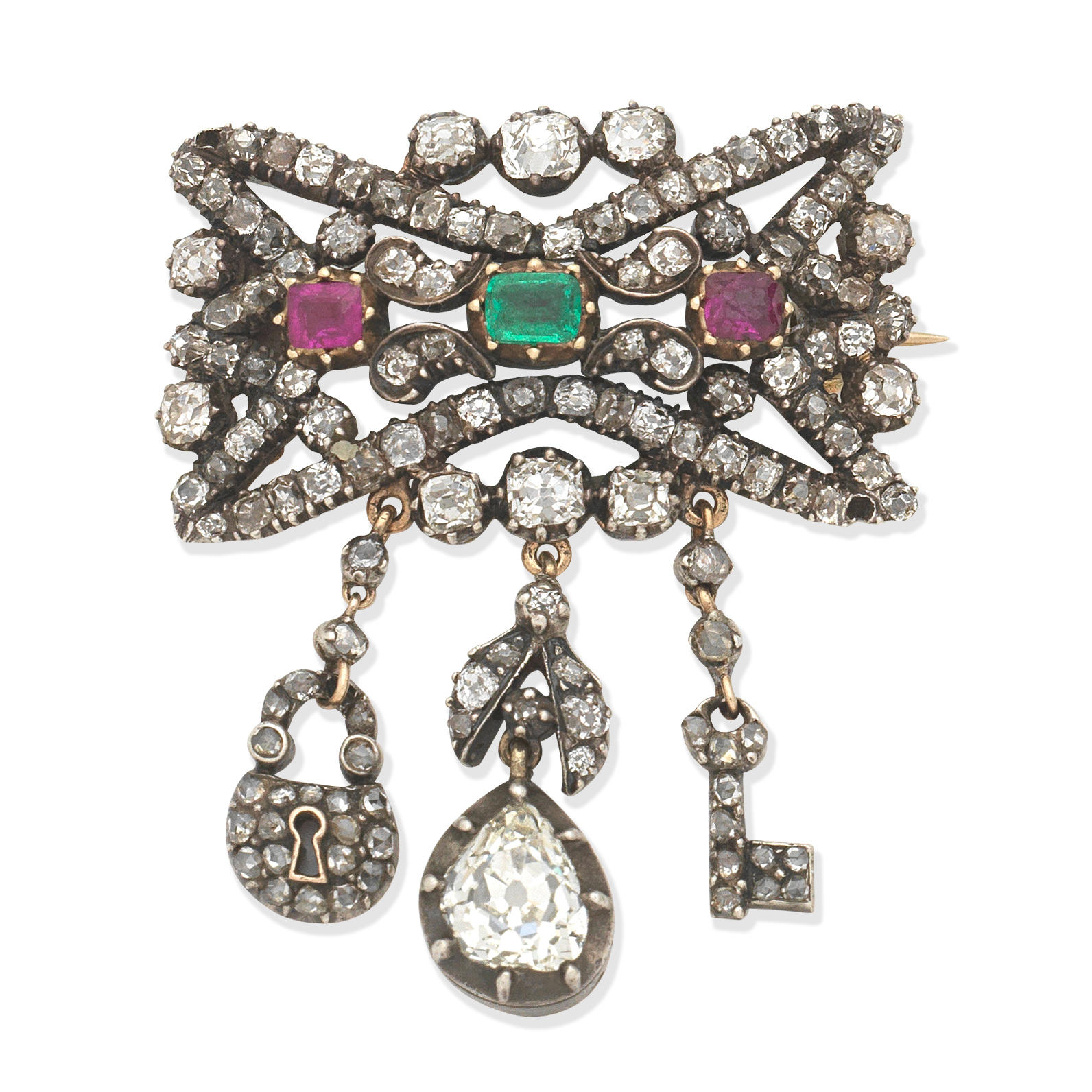 Appraisal: RUBY EMERALD AND DIAMOND PENDANT BROOCH CIRCA The cushion-shaped ruby