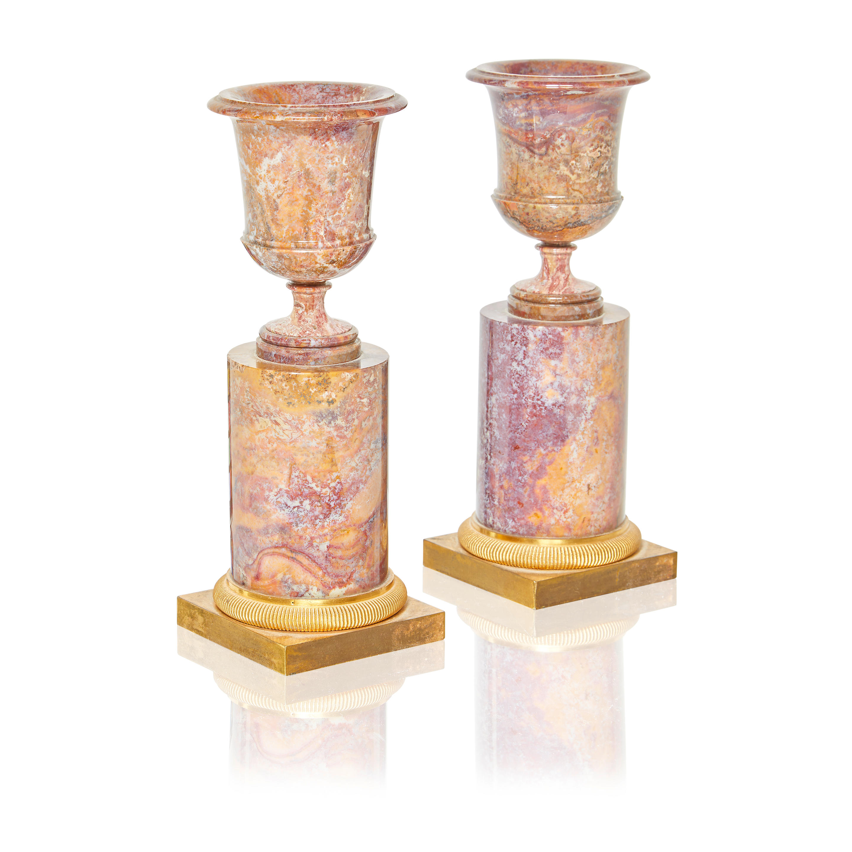 Appraisal: A SMALL PAIR OF DIRECTOIRE AGATE AND GILT BRONZE URNS