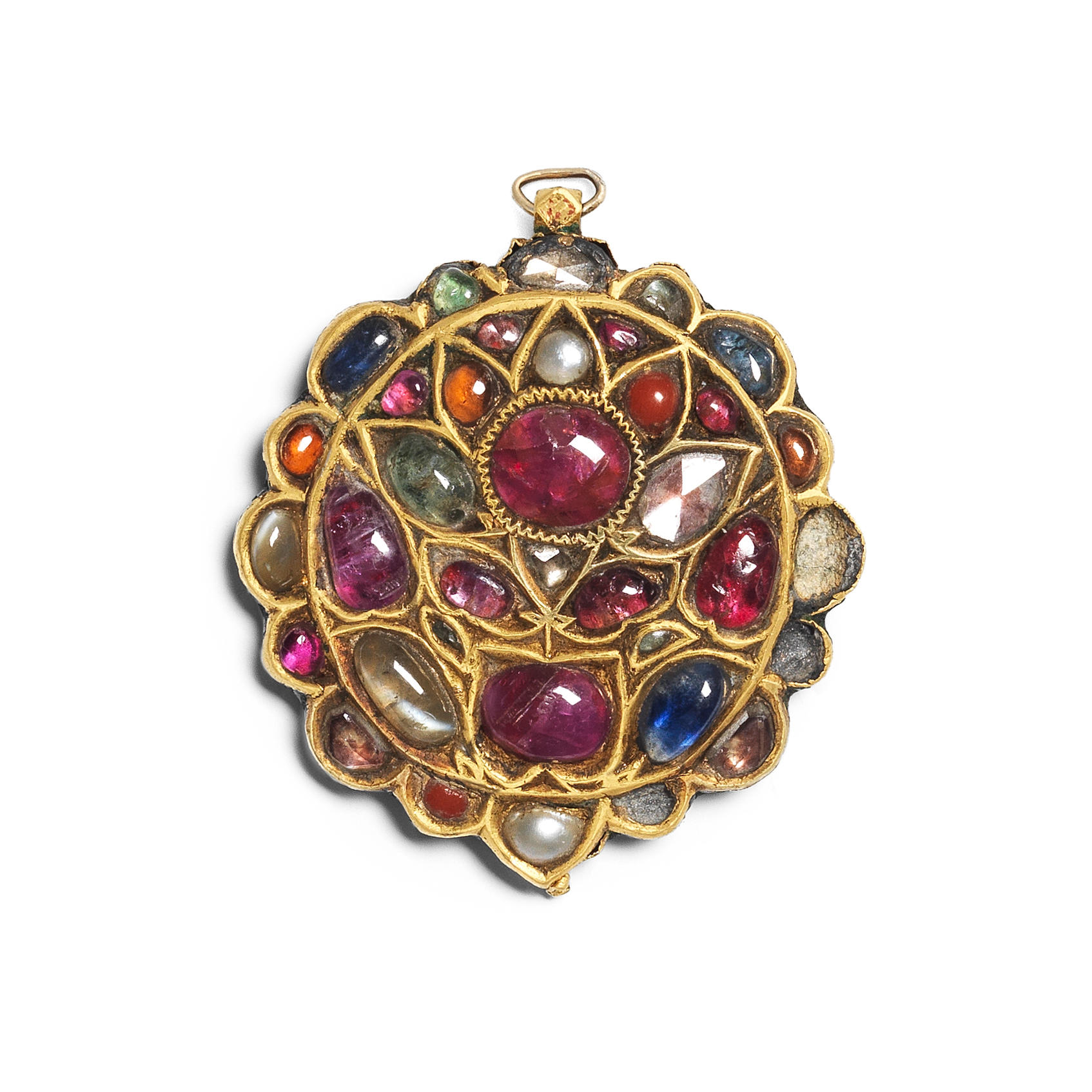 Appraisal: A GEM-SET ENAMELLED GOLD PENDANT NORTH INDIA TH CENTURY of