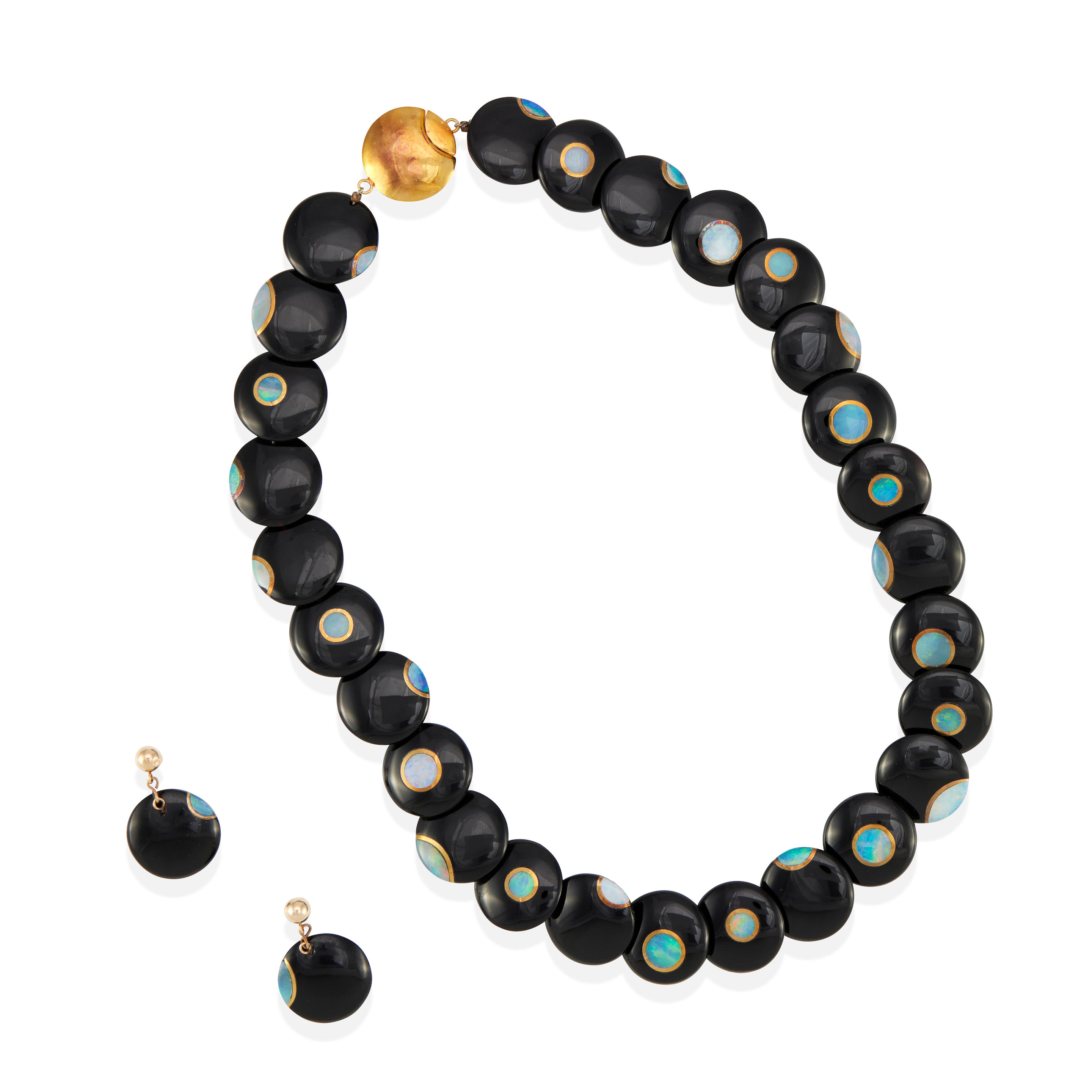 Appraisal: A PAIR K GOLD ONYX AND OPAL EARRINGS AND NECKLACE