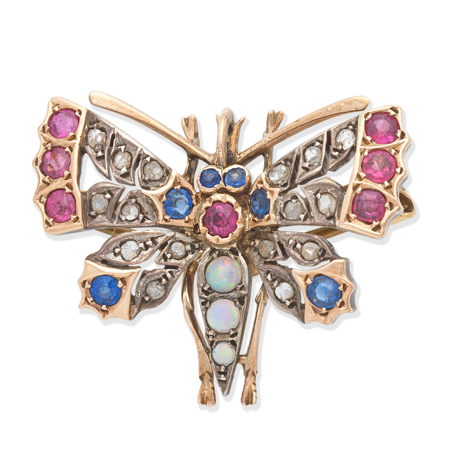 Appraisal: GEM-SET BUTTERFLY BROOCH CIRCA Opal cabochons circular-cut rubies and sapphires