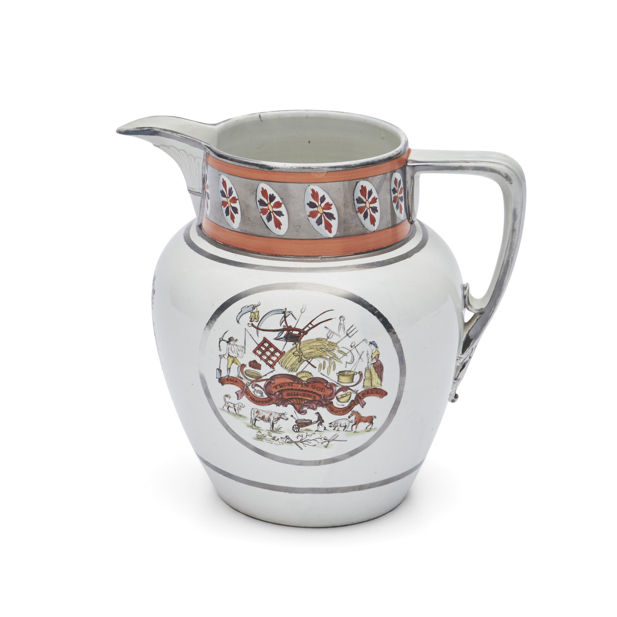 Appraisal: CREAMWARE PITCHER WITH THE FARMER'S ARMS AND SILVER LUSTER BORDER