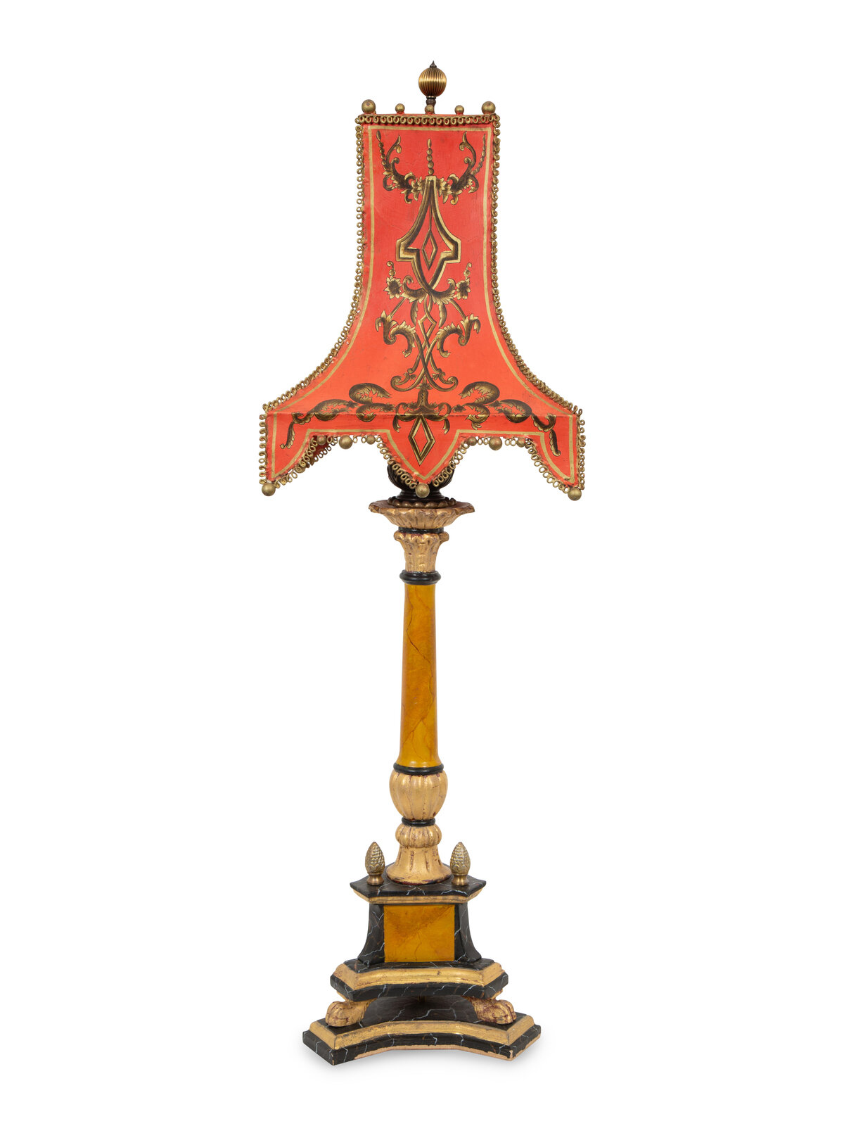 Appraisal: A Painted Pricket Form Table Lamp with Tole Peinte Shade