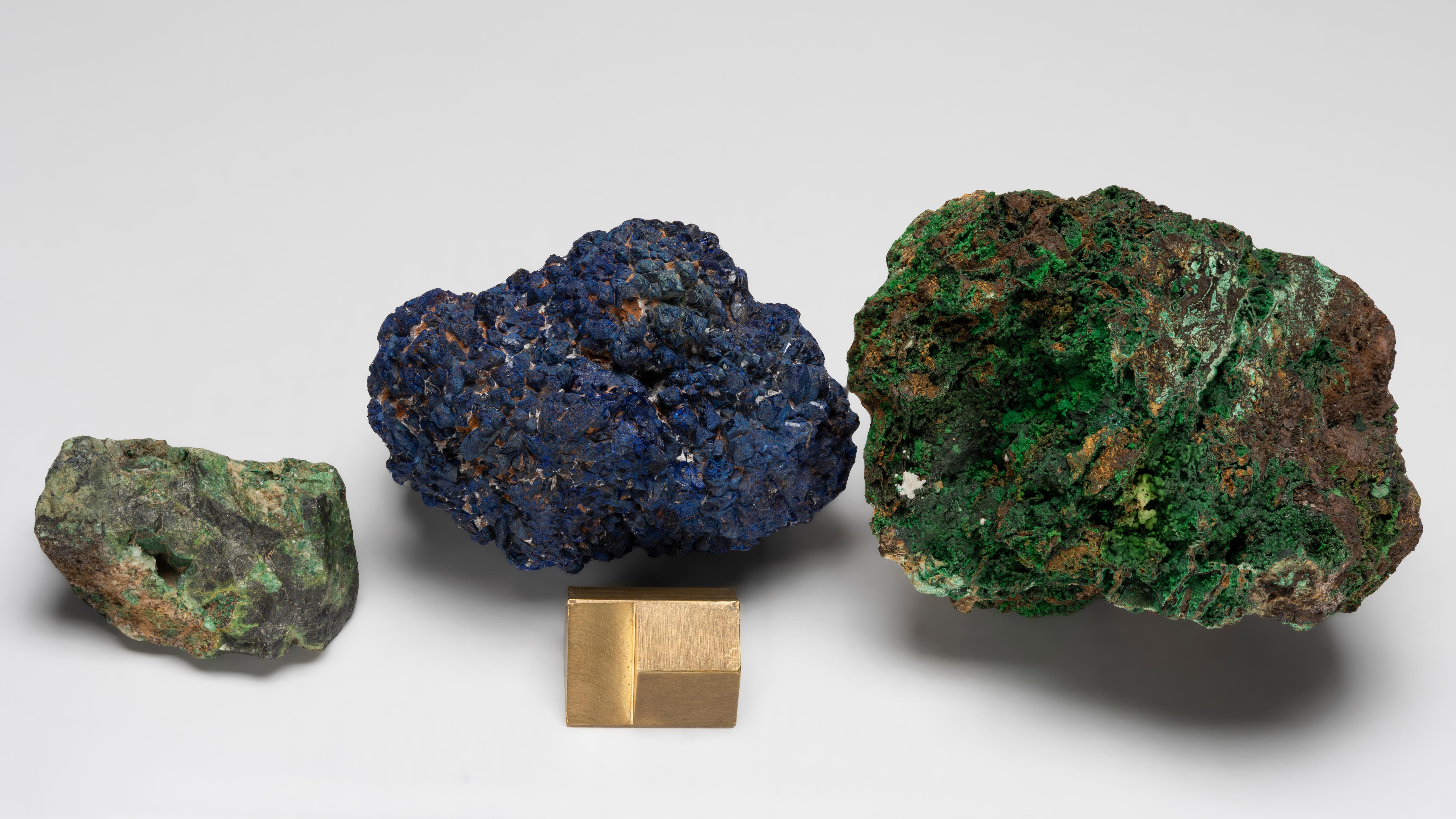 Appraisal: THREE SPECIMENS MALACHITE COPPER REY QUARTZ ORE SPECIMEN AZURITE AND