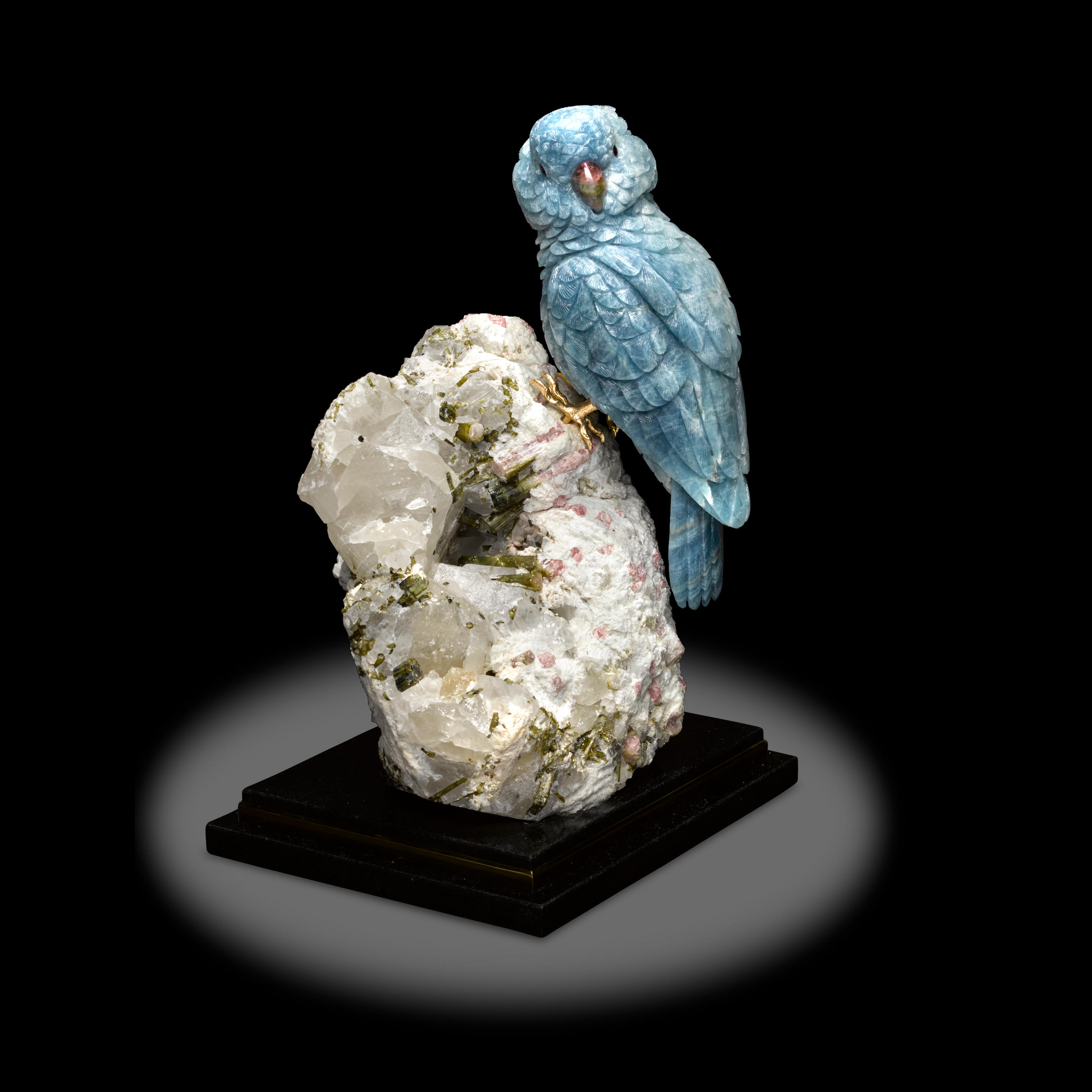 Appraisal: AQUAMARINE COCKATOO ON A TOURMALINE BASE BY PETER MULLER Brazil