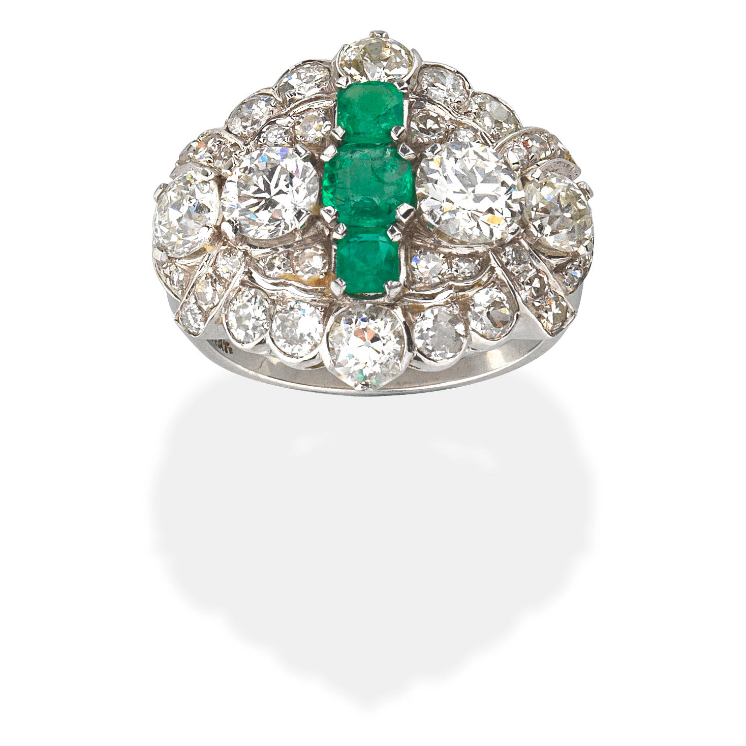 Appraisal: EMERALD AND DIAMOND RING Cushion-shaped emeralds old brilliant and single-cut