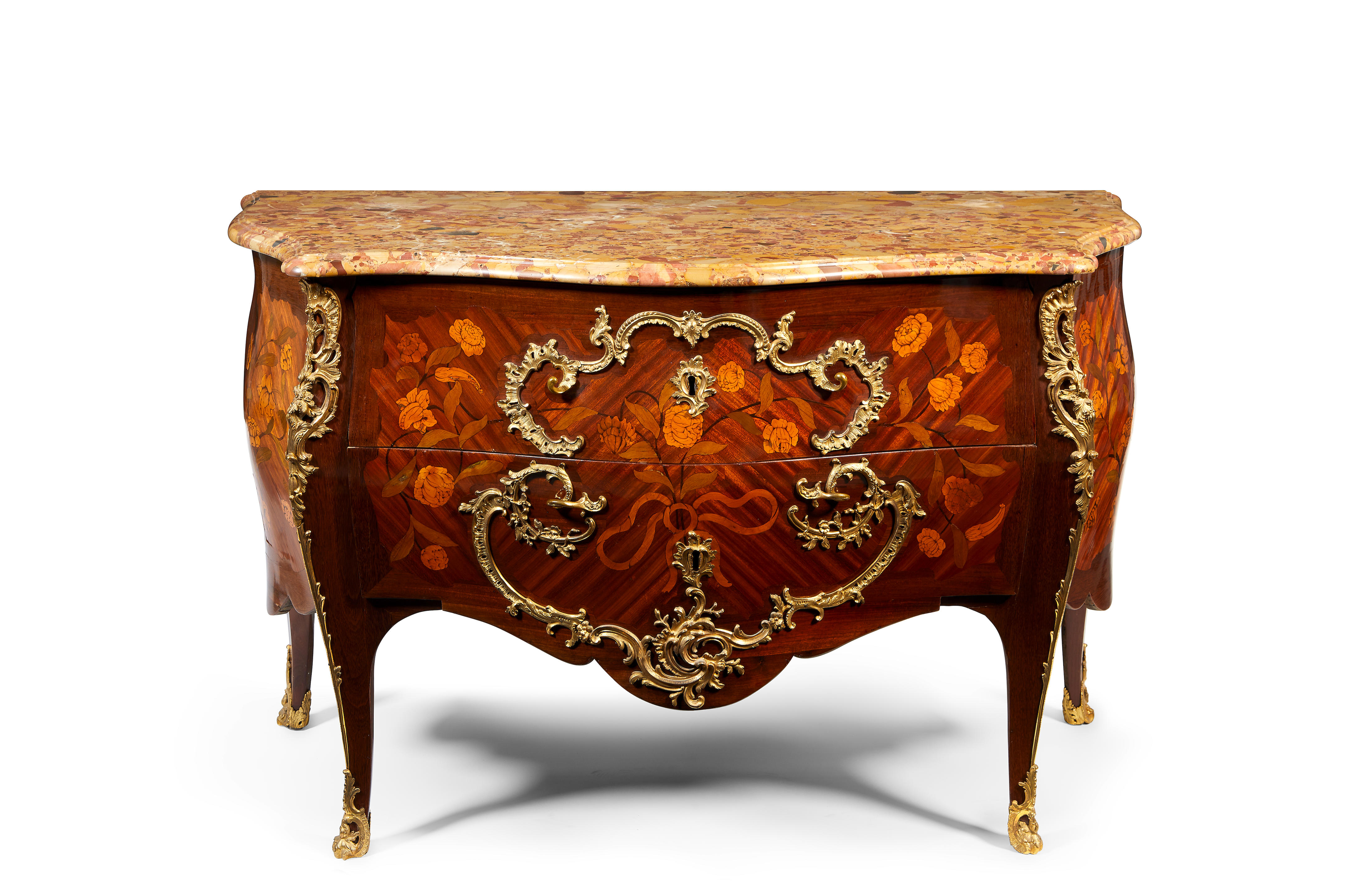 Appraisal: A LOUIS XV ORMOLU MOUNTED BOIS SATINE AMARANTH STAINED FRUITWOOD