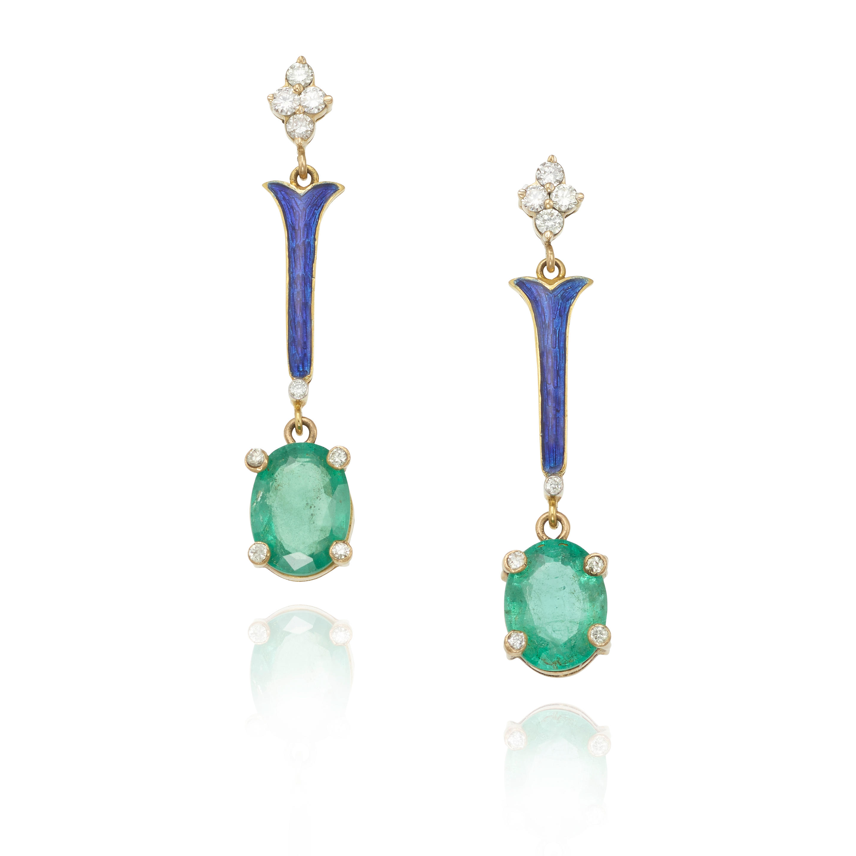 Appraisal: A PAIR OF K GOLD EMERALD DIAMOND AND ENAMEL EARRINGS