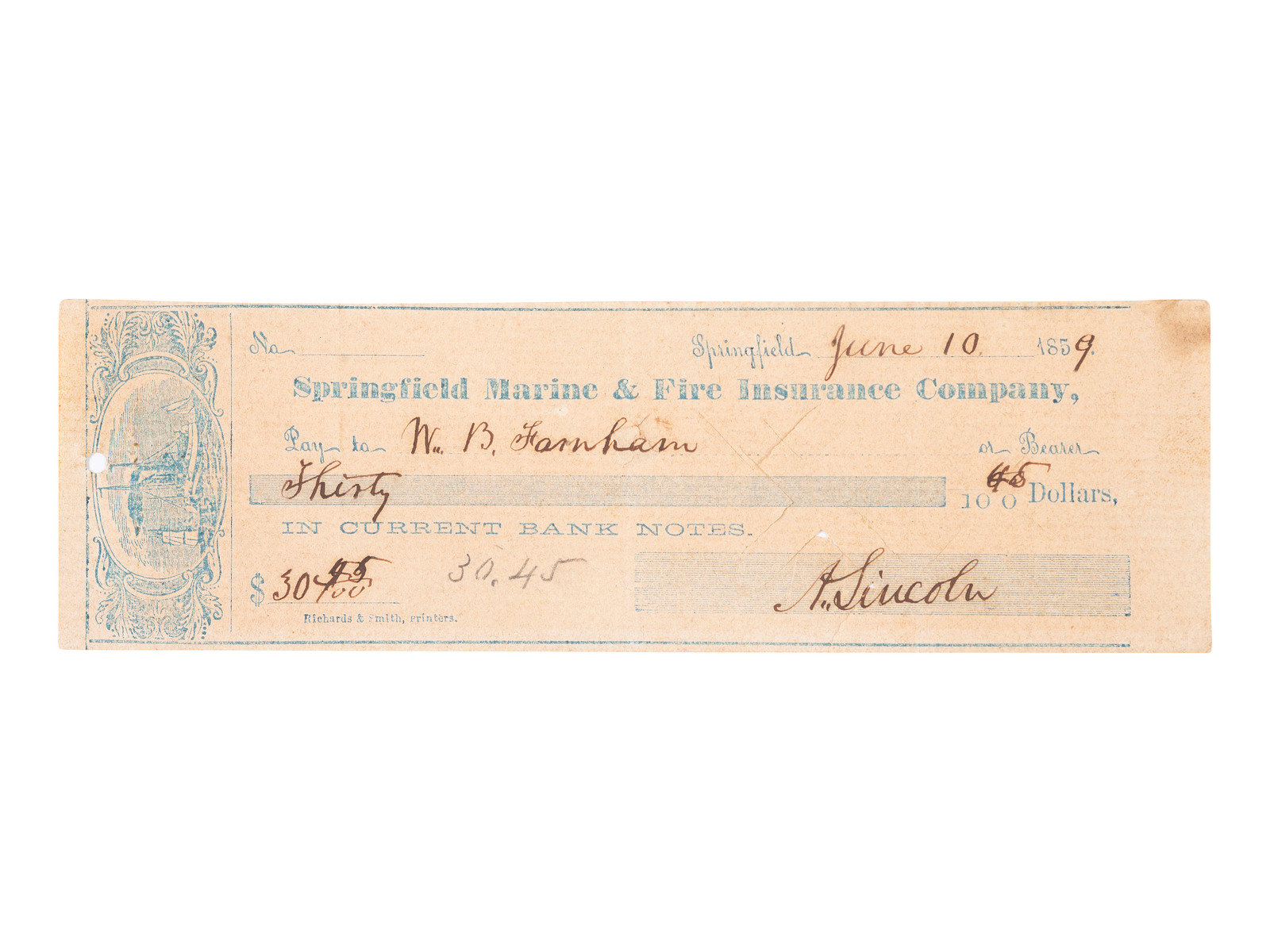 Appraisal: LINCOLN Abraham - Personal check signed Abraham Lincoln Springfield IL