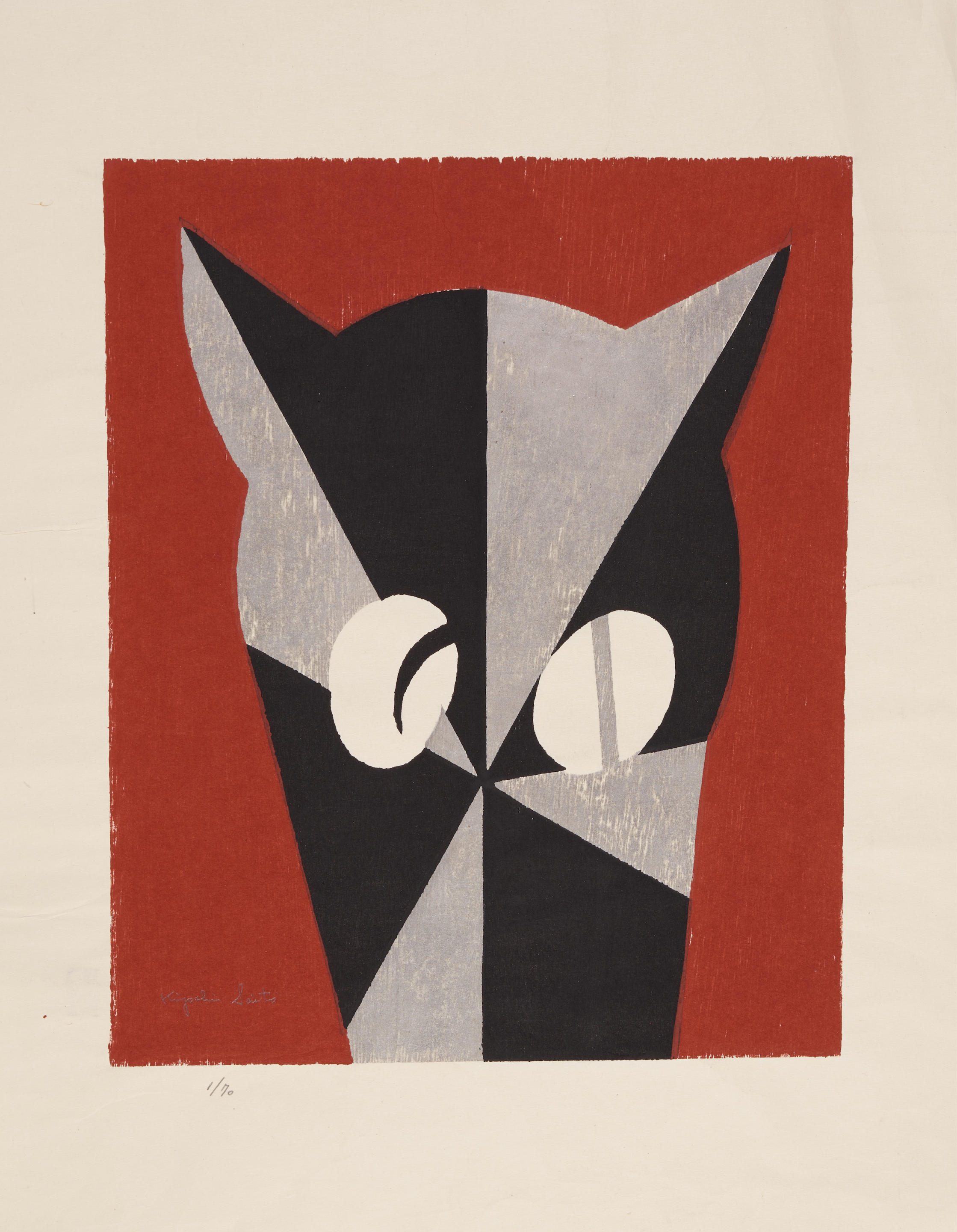 Appraisal: KIYOSHI SAITO - Head of Cat Woodcut in colors on