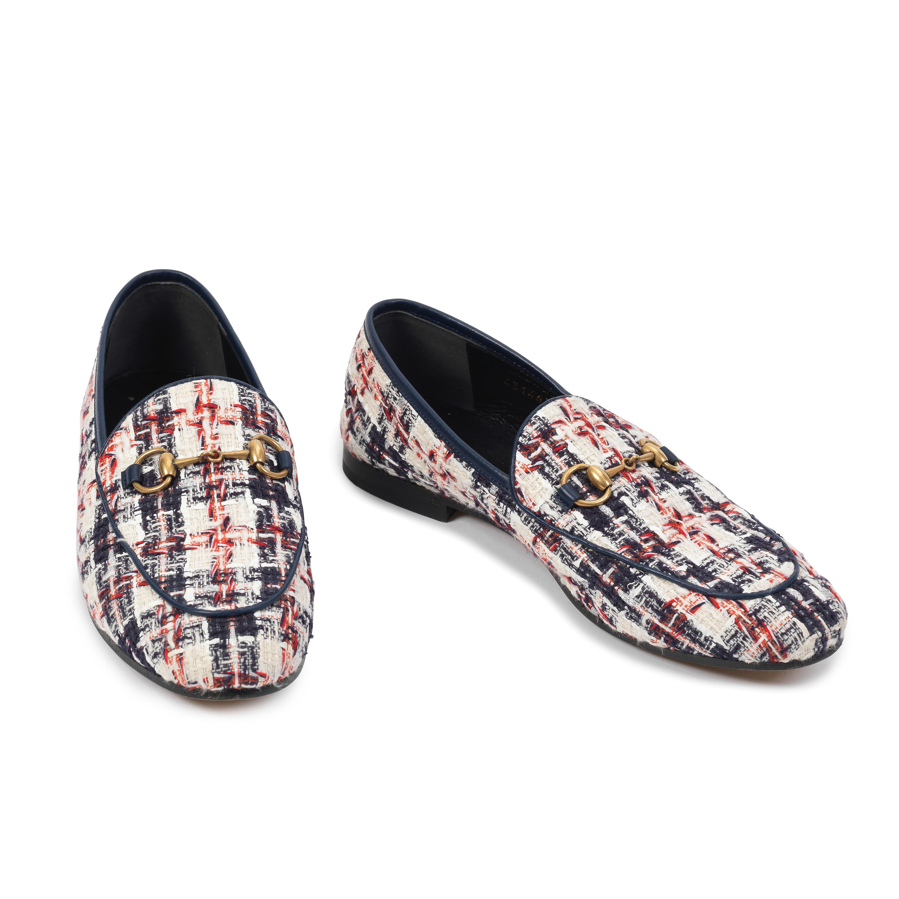 Appraisal: GUCCI A PAIR OF BLUE AND RED TWEED JORDAAN LOAFERS