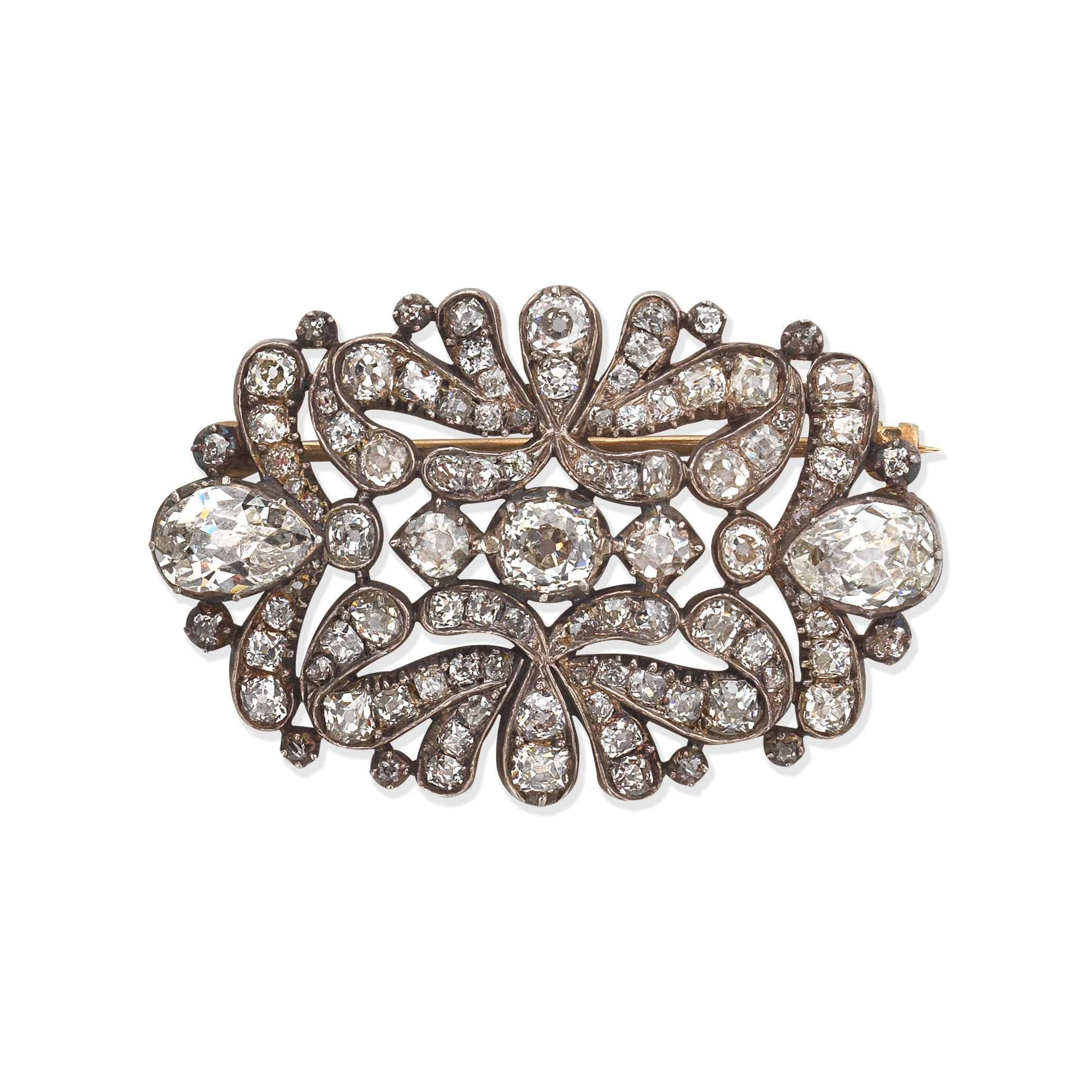 Appraisal: DIAMOND BROOCH MID TH CENTURY Pear and cushion-shaped diamonds closed