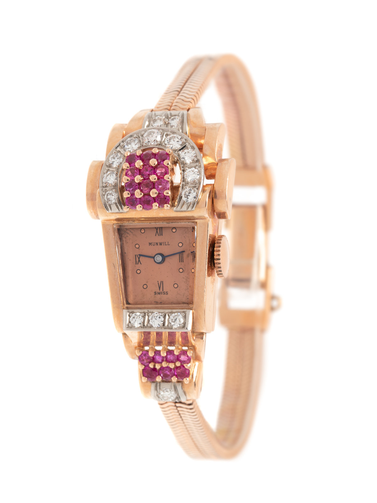 Appraisal: RETRO K ROSE GOLD DIAMOND AND RUBY WRISTWATCH x mm