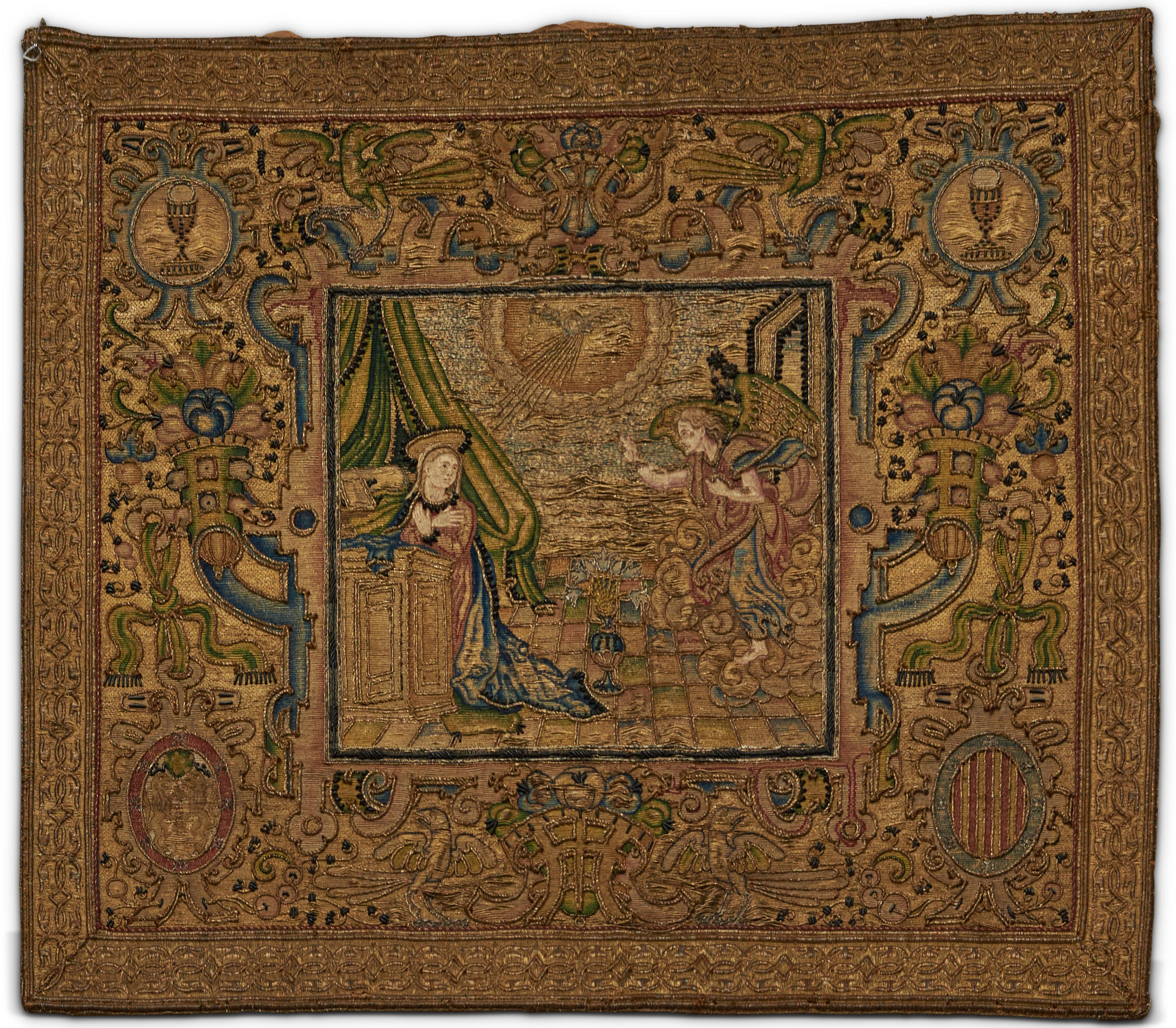 Appraisal: EMBROIDERED RELIGIOUS PANEL WITH SILK AND GOLD THREAD Western Europe