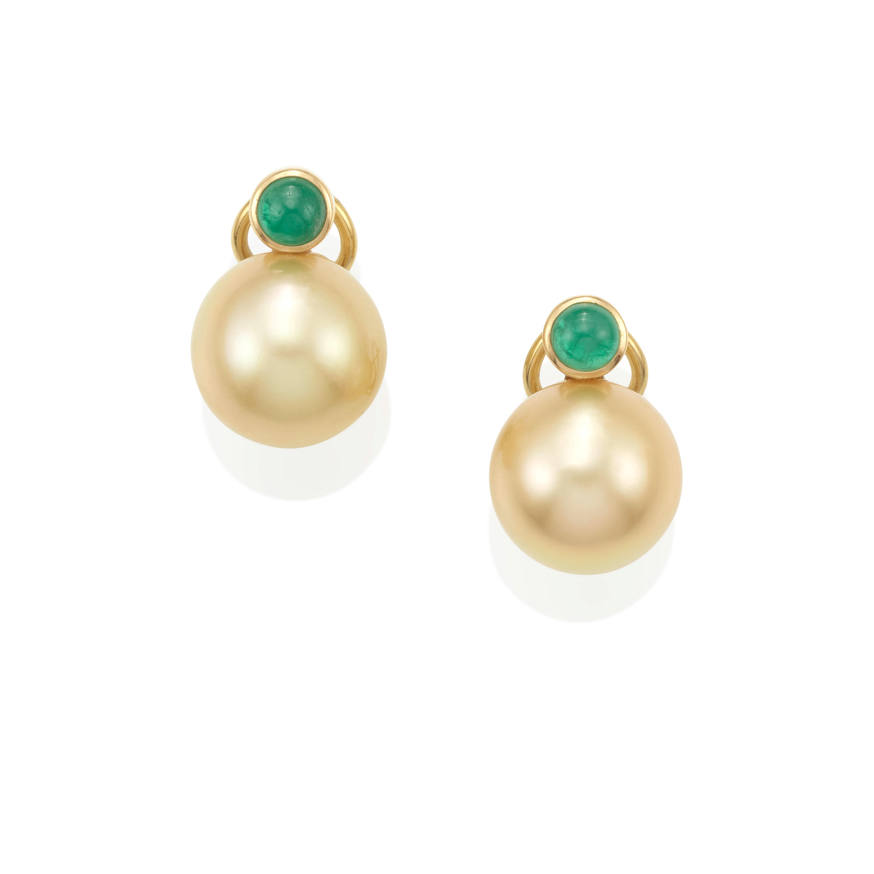 Appraisal: A PAIR OF GOLD CULTURED PEARL AND EMERALD EARRINGS Cultured