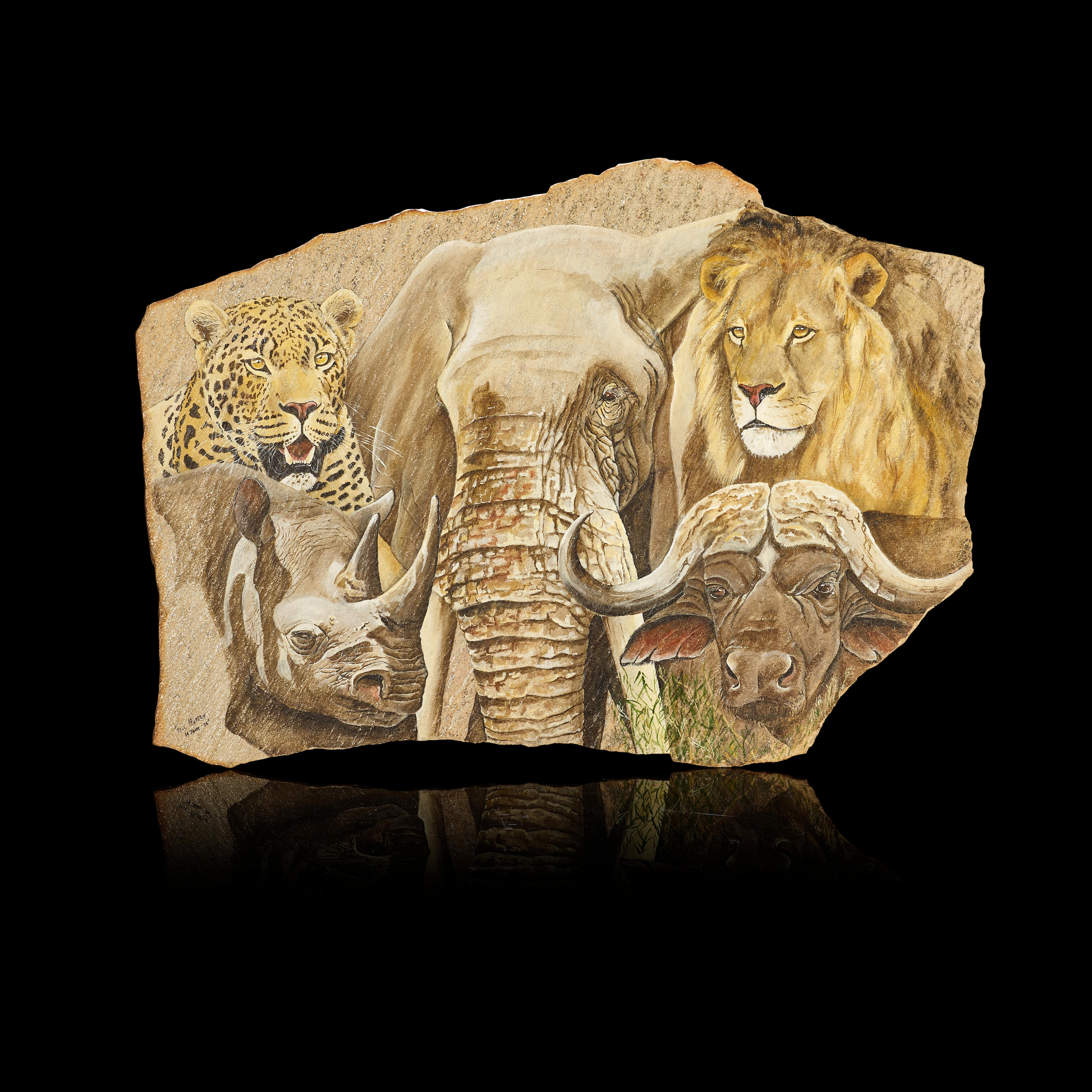 Appraisal: WILDLIFE PAINTING ON STONE WALL PLAQUE-- THE BIG FIVE Hand