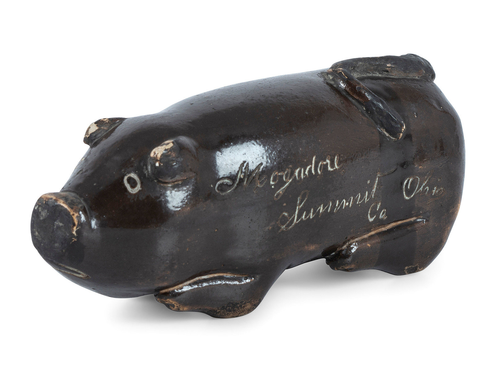 Appraisal: A Rare Mogadore Ohio Inscribed Stoneware Pig Flask Late th