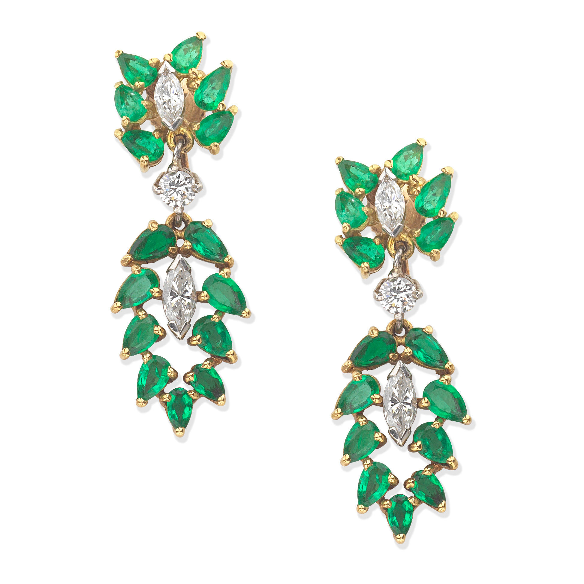 Appraisal: EMERALD AND DIAMOND PENDENT EARRINGS Marquise and brilliant-cut diamonds pear-shaped