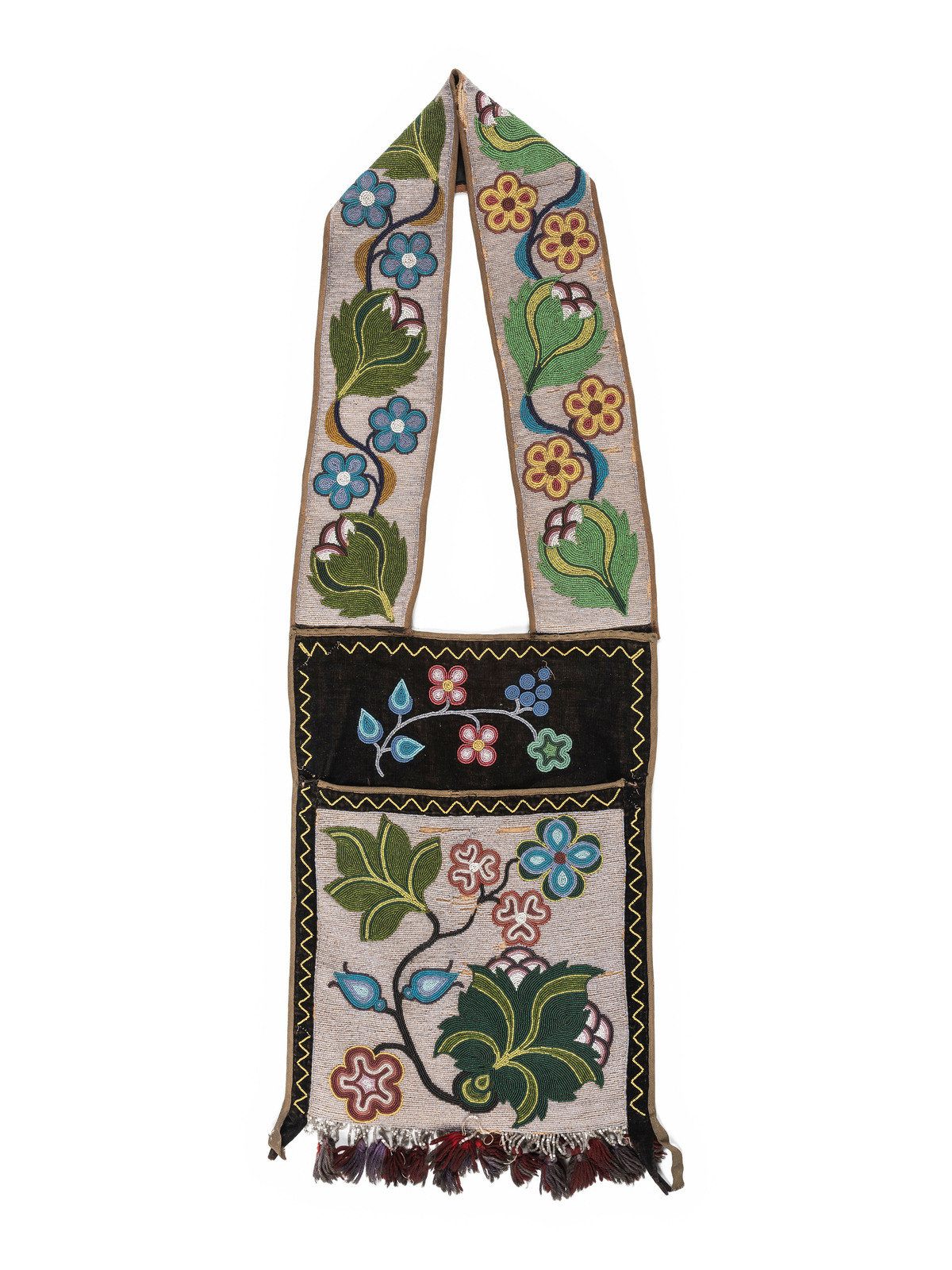 Appraisal: Anishinaabe Beaded Bandolier Bag ca thread-sewn on black velvet and