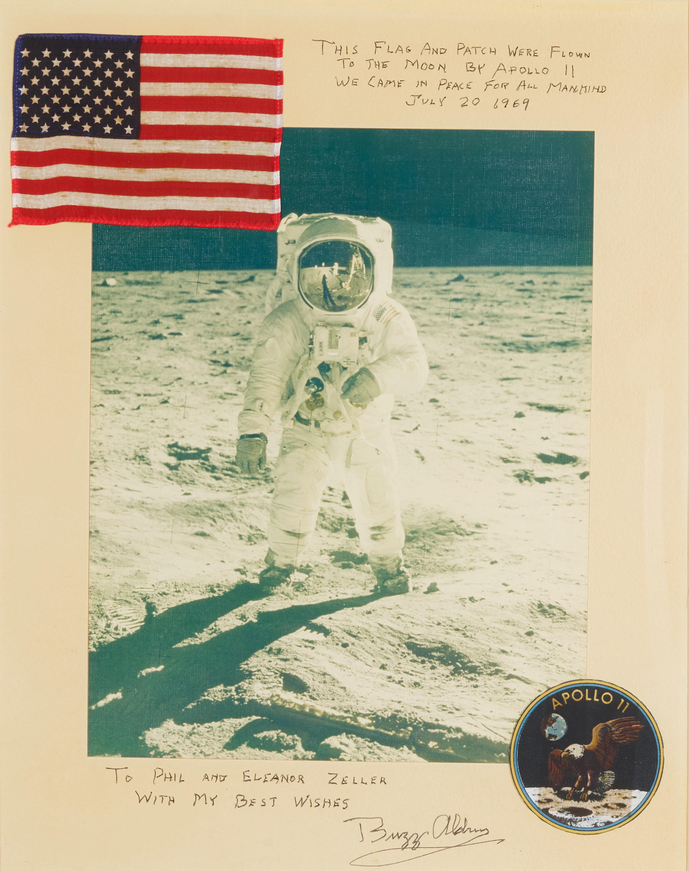 Appraisal: APOLLO MOON-FLOWN U S FLAG AND INSIGNIA PRESENTED BY BUZZ