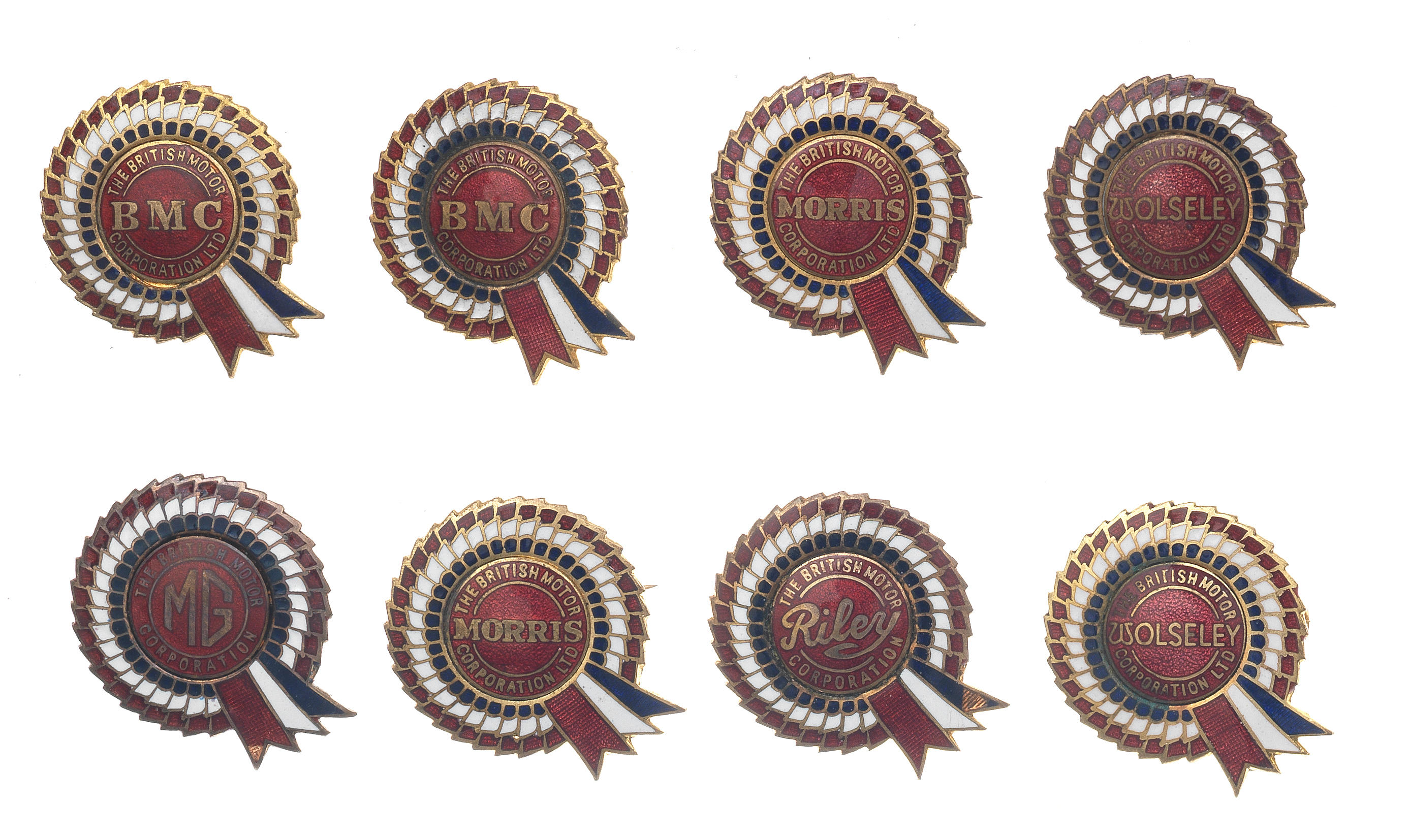 Appraisal: EIGHT BMC GROUP ROSETTE ENAMEL LAPEL BADGES for BMC x