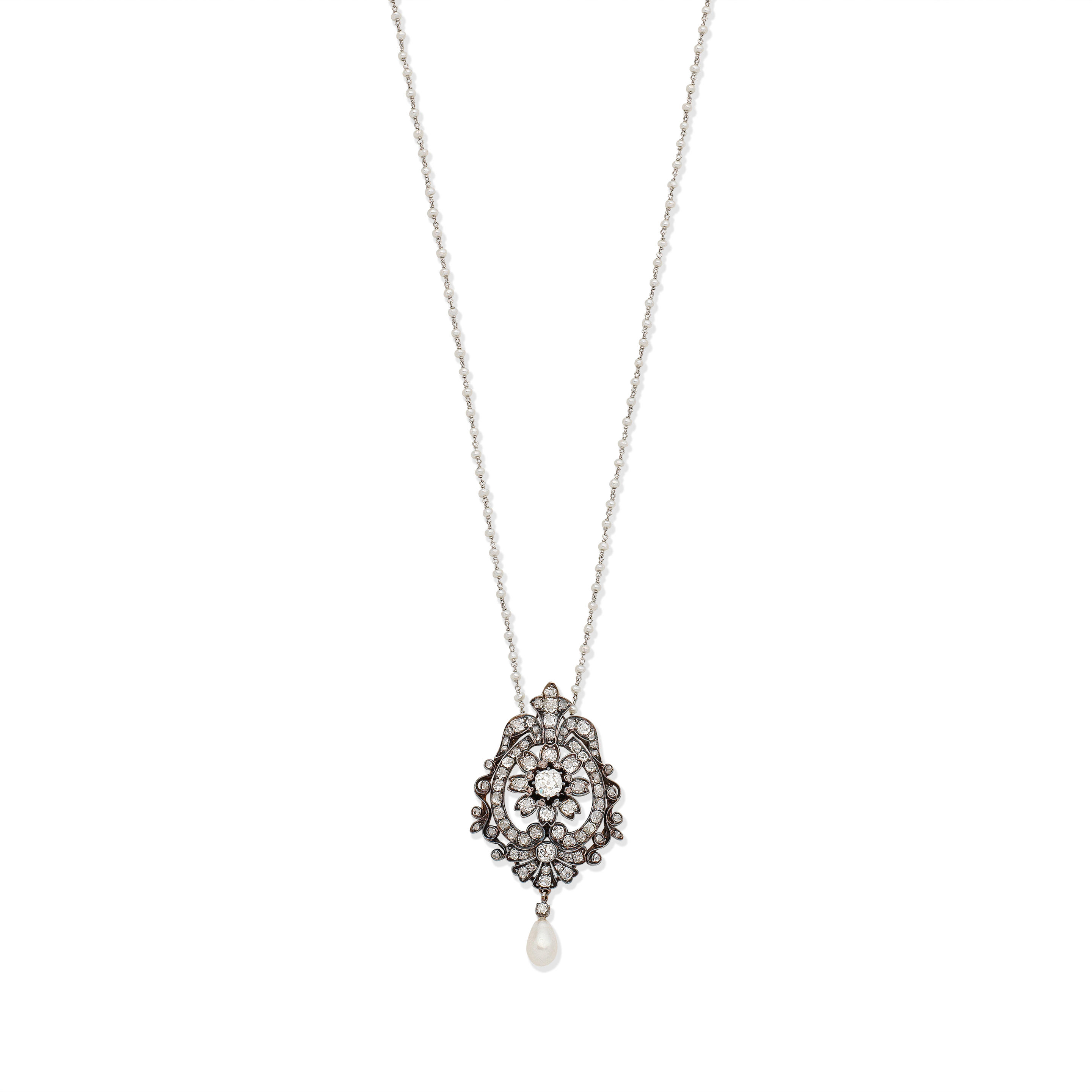 Appraisal: DIAMOND AND PEARL PENDANT WITH SEED PEARL NECKLACE The pendant