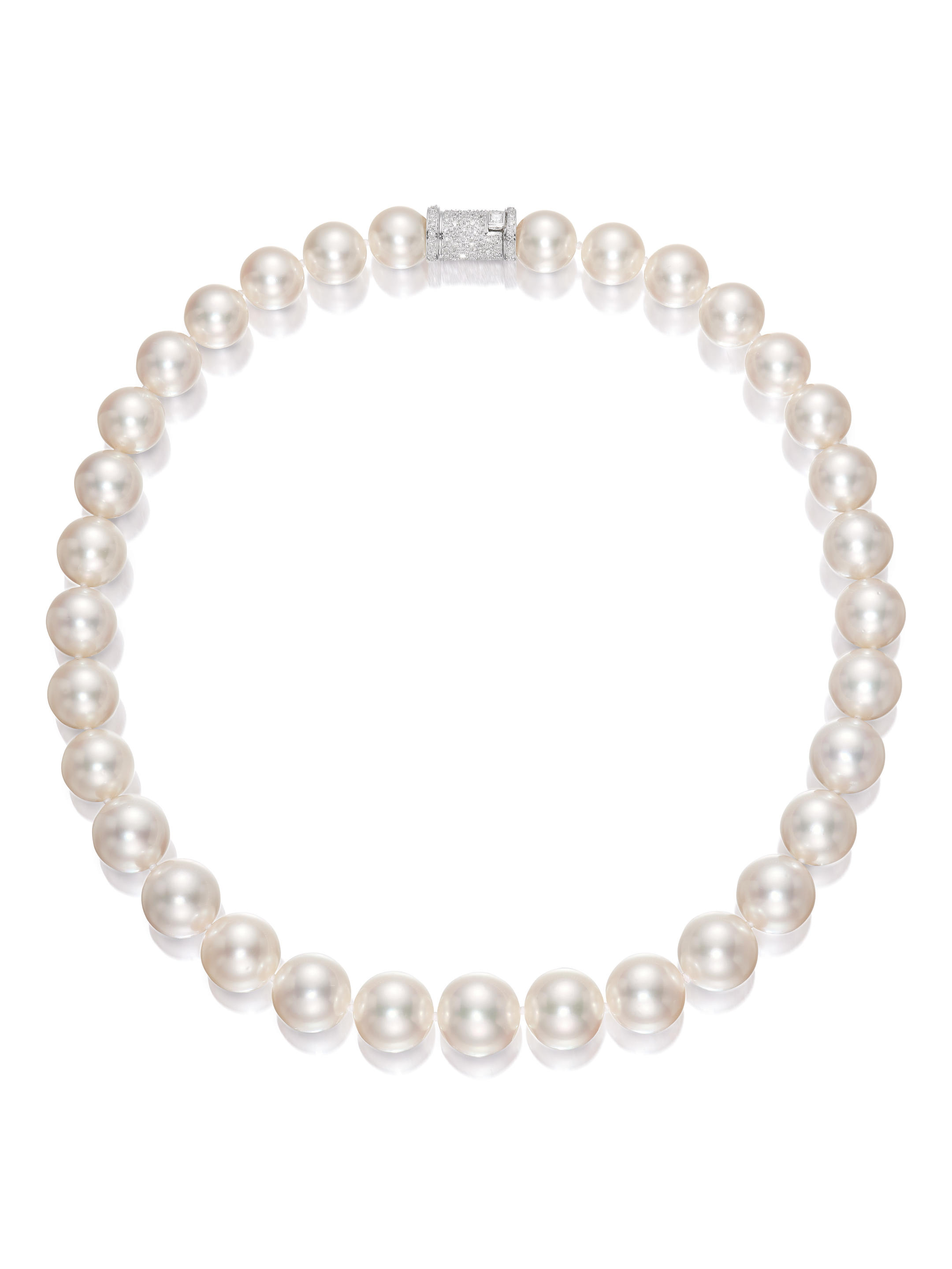 Appraisal: A CULTURED PEARL AND DIAMOND NECKLACE Composed of graduated cultured