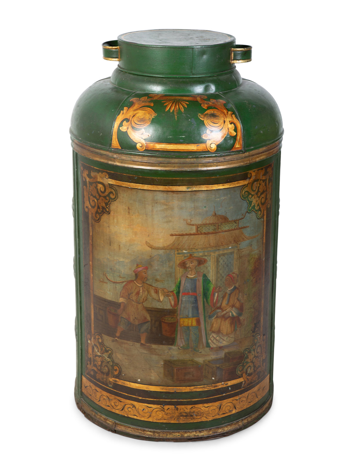 Appraisal: A Painted Green Tole Oversize Tea Canister TH TH CENTURY