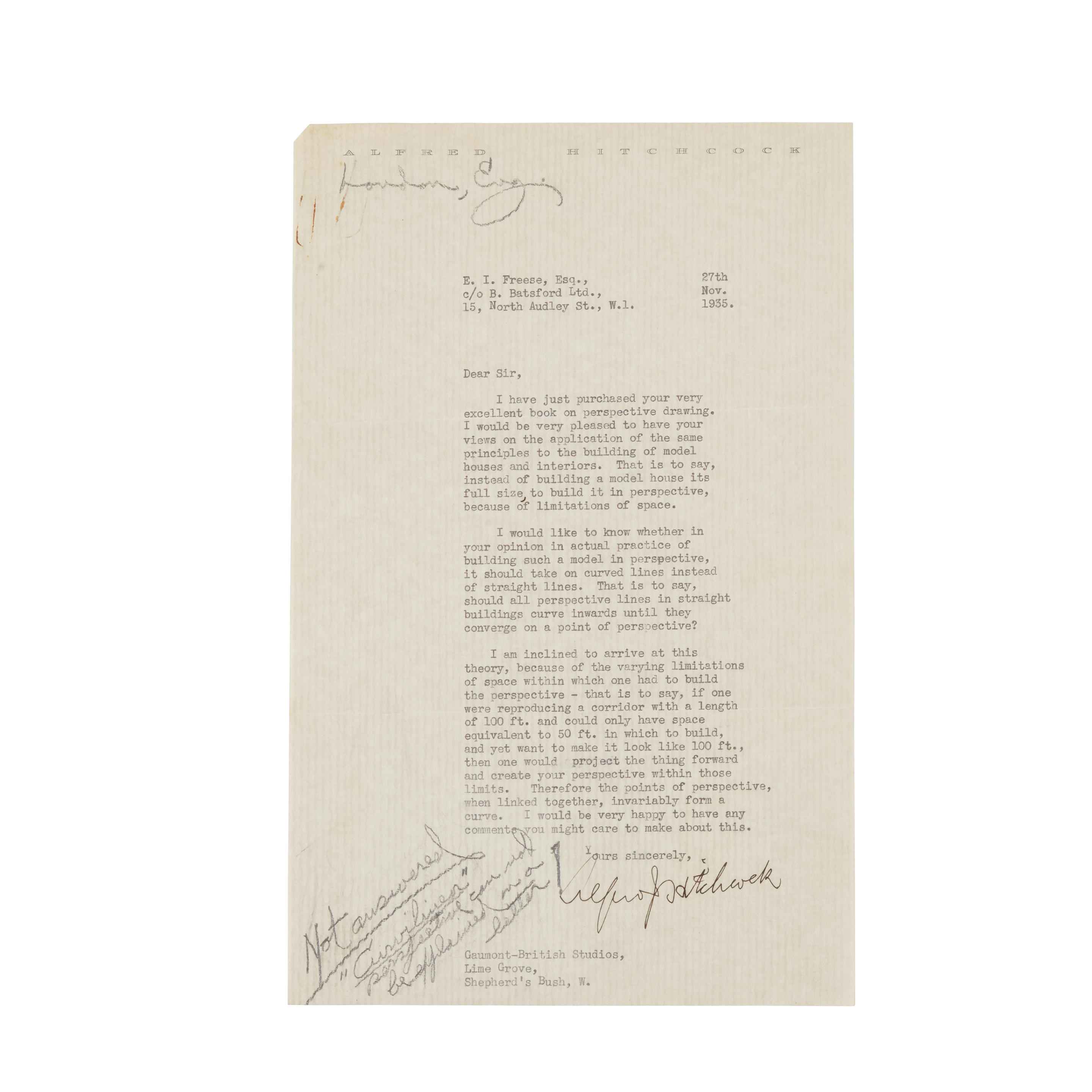 Appraisal: ALFRED HITCHCOCK TYPED LETTER SIGNED TO ARCHITECT AND AUTHOR ERNEST