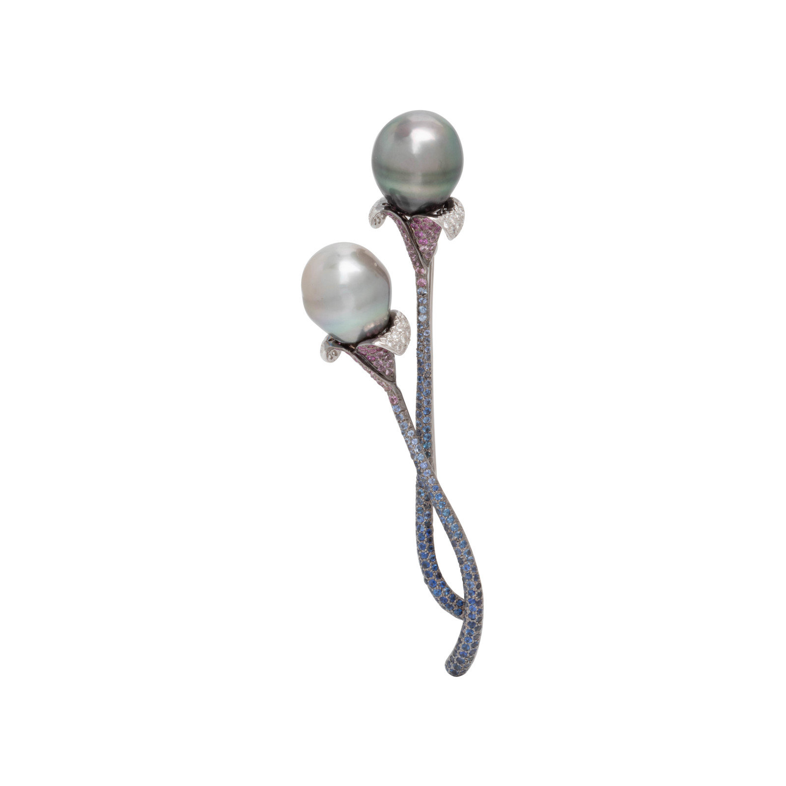 Appraisal: CULTURED TAHITIAN PEARL DIAMOND AND MULTICOLOR SAPPHIRE BROOCH Containing two