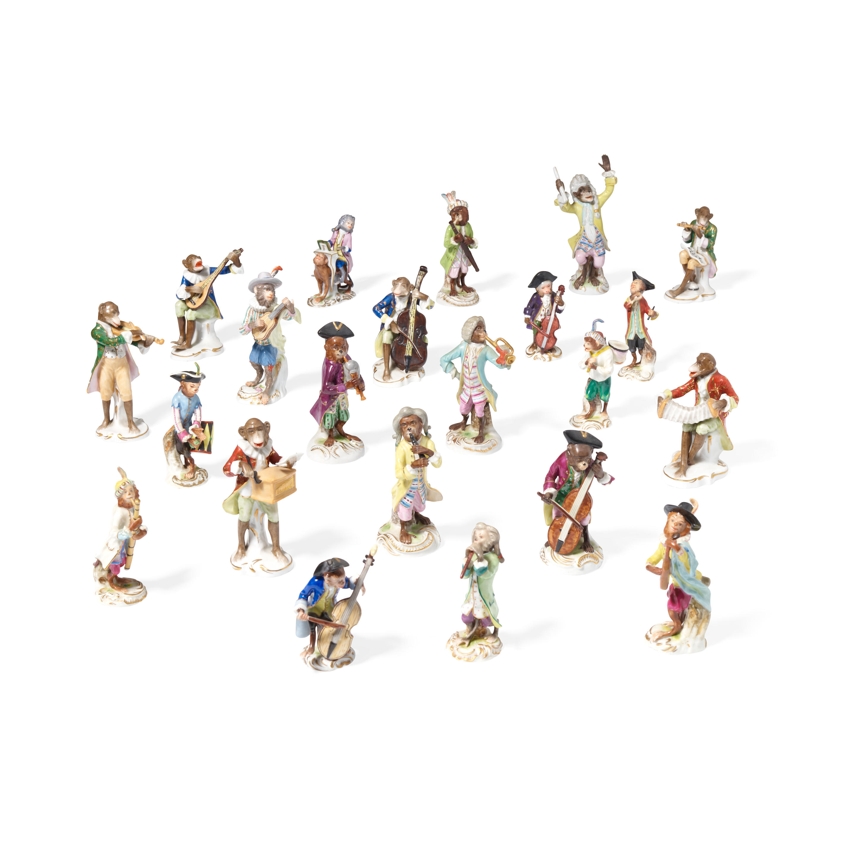 Appraisal: TWENTY-TWO GERMAN PORCELAIN MONKEY BAND FIGURES Early th century and