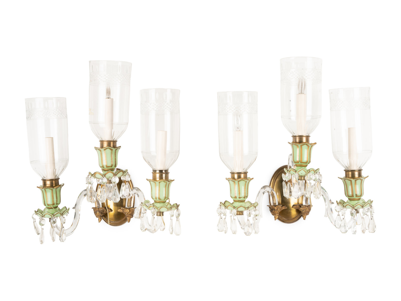 Appraisal: A Pair of French Opaline Glass Three-Light Sconces with Cut