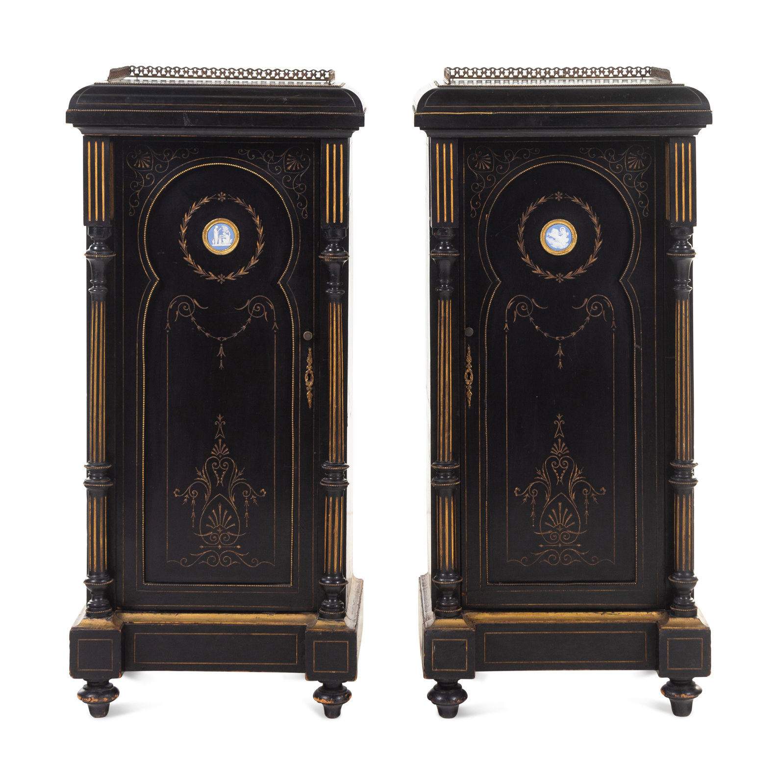 Appraisal: A Pair of English Aesthetic Jasperware Medallion-Mounted Ebonized and Parcel-Gilt