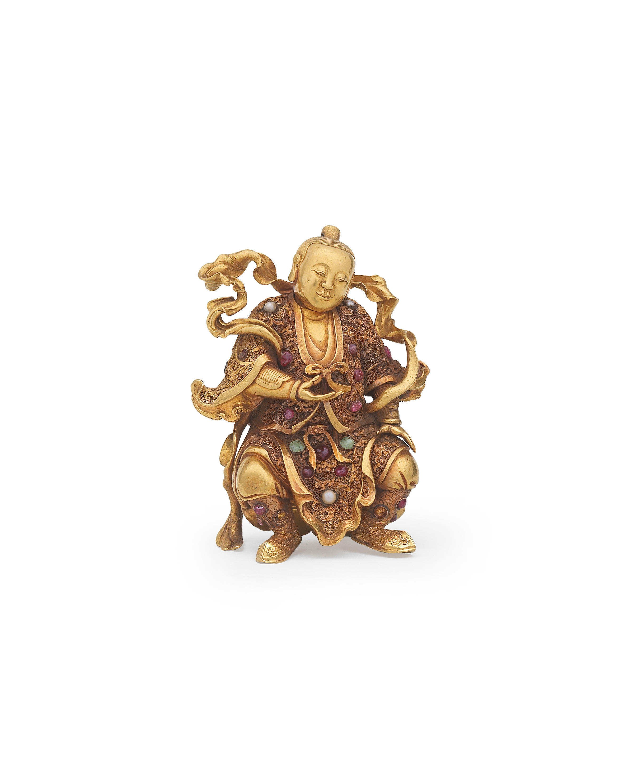 Appraisal: AN EXCEPTIONALLY RARE AND IMPORTANT GOLD GEM-INSET FIGURE OF AN