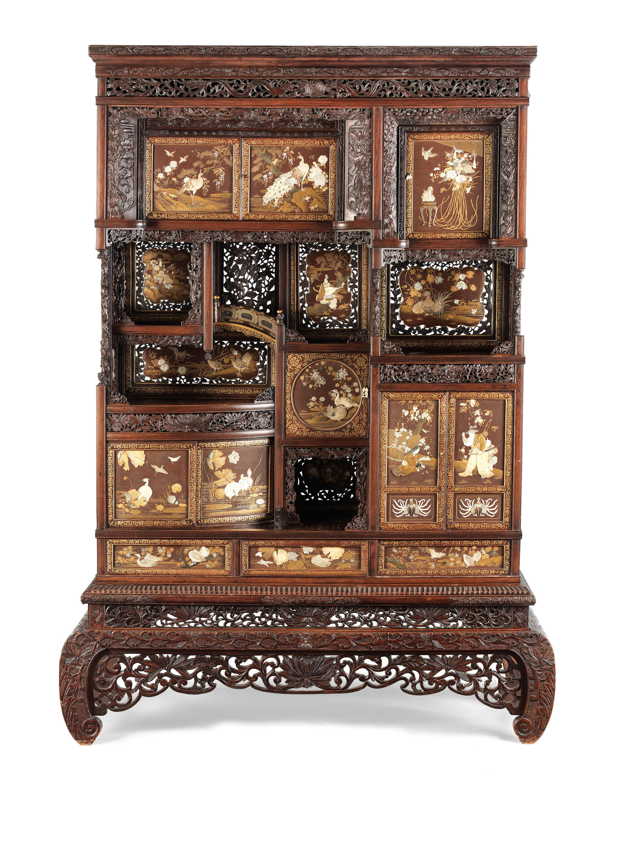 Appraisal: A SHIBAYAMA-INLAID AND LACQUERED WOOD KAZARIDANA DISPLAY CABINET Meiji era